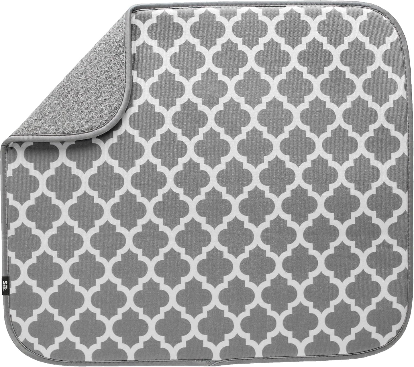 S&T INC. Dish Drying Mat, 16” x 18”, Absorbent Microfiber Kitchen Counter Mat, Dish Drying Pad for Dishes, Utensils, Pots and Pans, Large, White Trellis