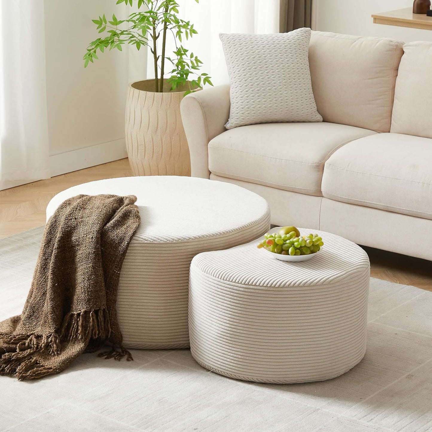 WILLIAMSPACE 50" Foam Nesting Coffee Table Set of 2, Modern Upholstered Round Center Tables for Living Room, Accent Side Tea Table Ottoman, No Assembly - Beige