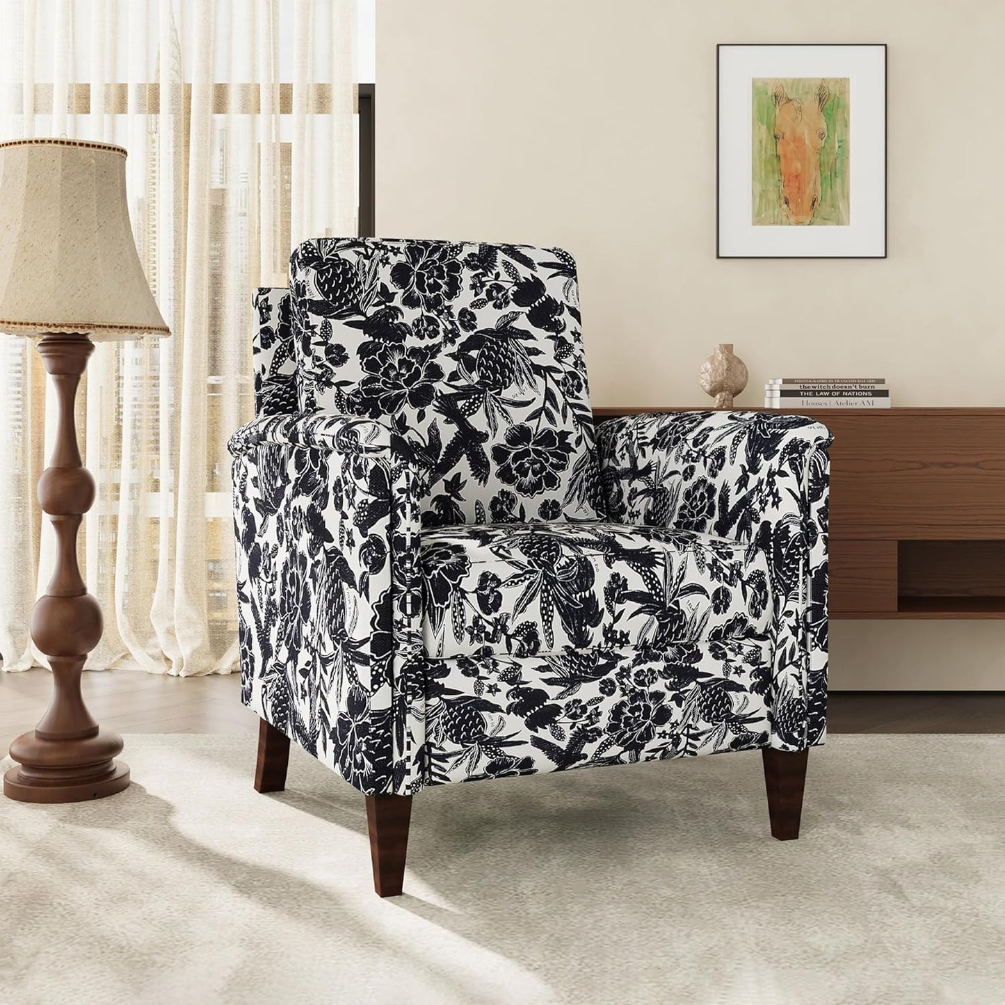Floral Accent Chair Set of 2, High Back Upholstered Armchair with Solid Wooden Legs, Padded Armrest and Removable Comfortable Cushioned Seat Single Sofa for Living Room, Bedroom, Black