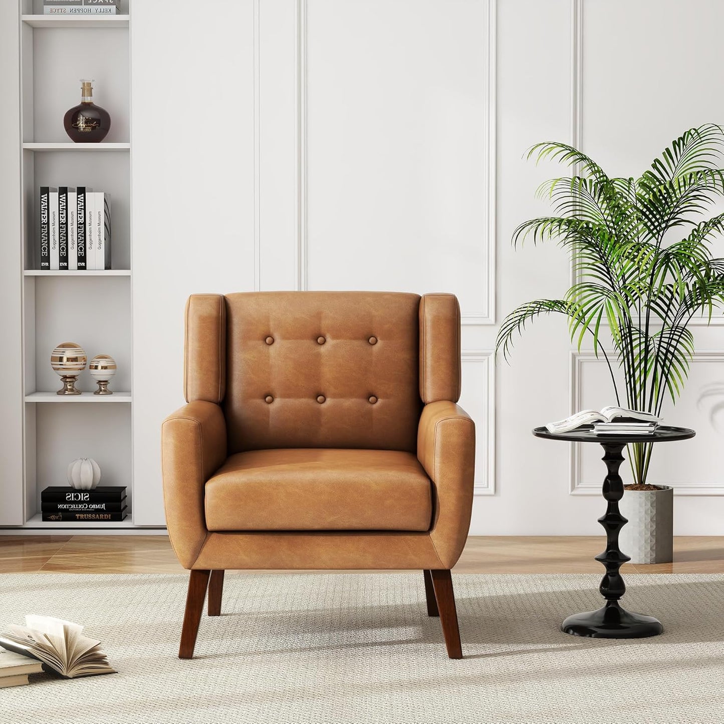 UIXE Faux Leather Accent Chairs Set of 4, Modern Arm Club Chair Upholstered Armchair for Living Room, Comfy Single Sofa Seats Button Tufted Reading Seating, Brown