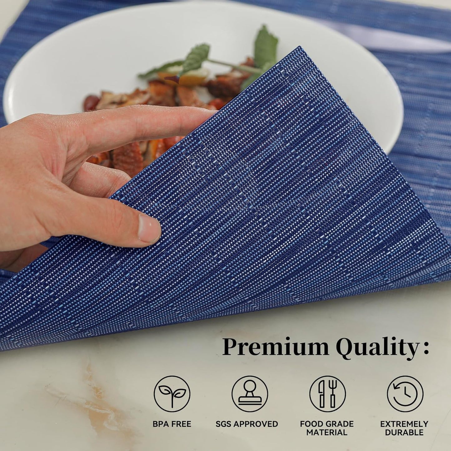 Leetaltree Blue Placemats Set of 6 - Heat Resistant Non-Slip Place mats for Dining Table, Washable Durable PVC Vinyl Woven Table Mats(Blue, 6)
