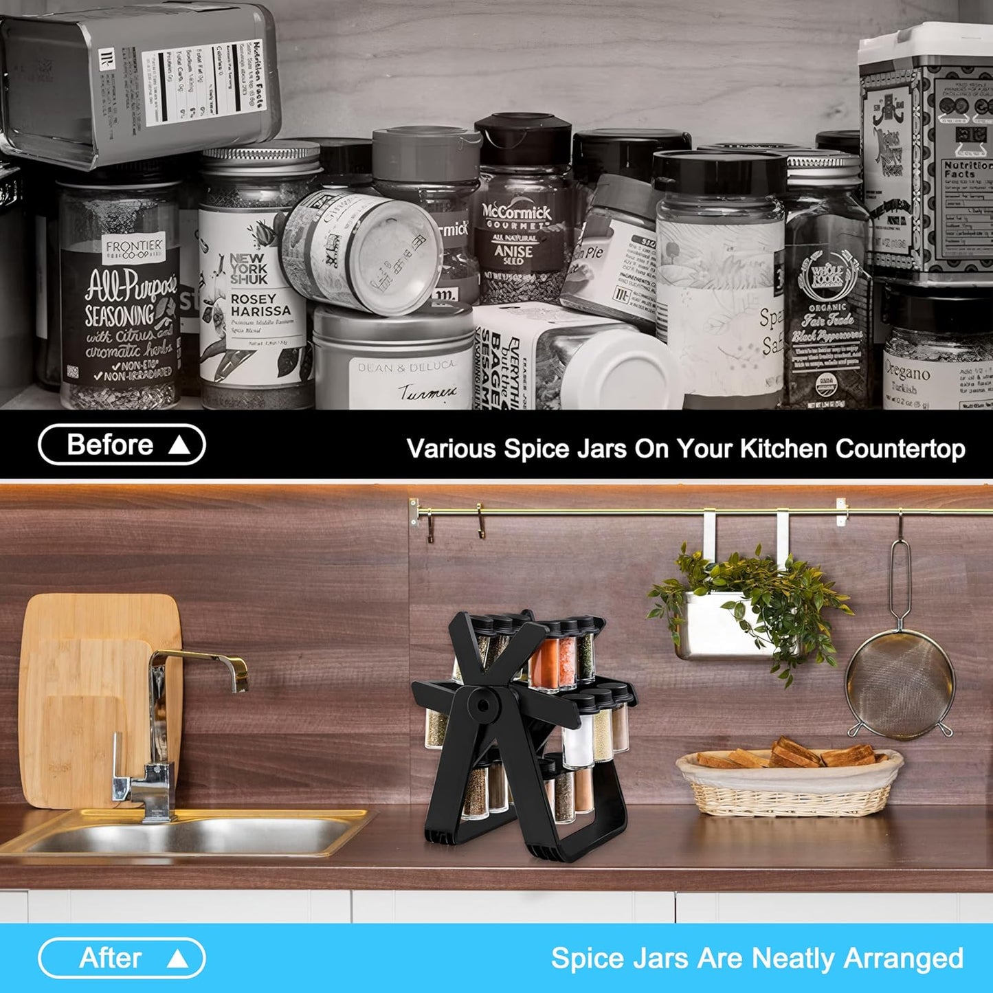 Rotating Spice Rack - Revolving Ferris Wheel Countertop Spice Organization with 18 Glass Spice Jars Countertop Spice Storage Rack for Families Kitchen