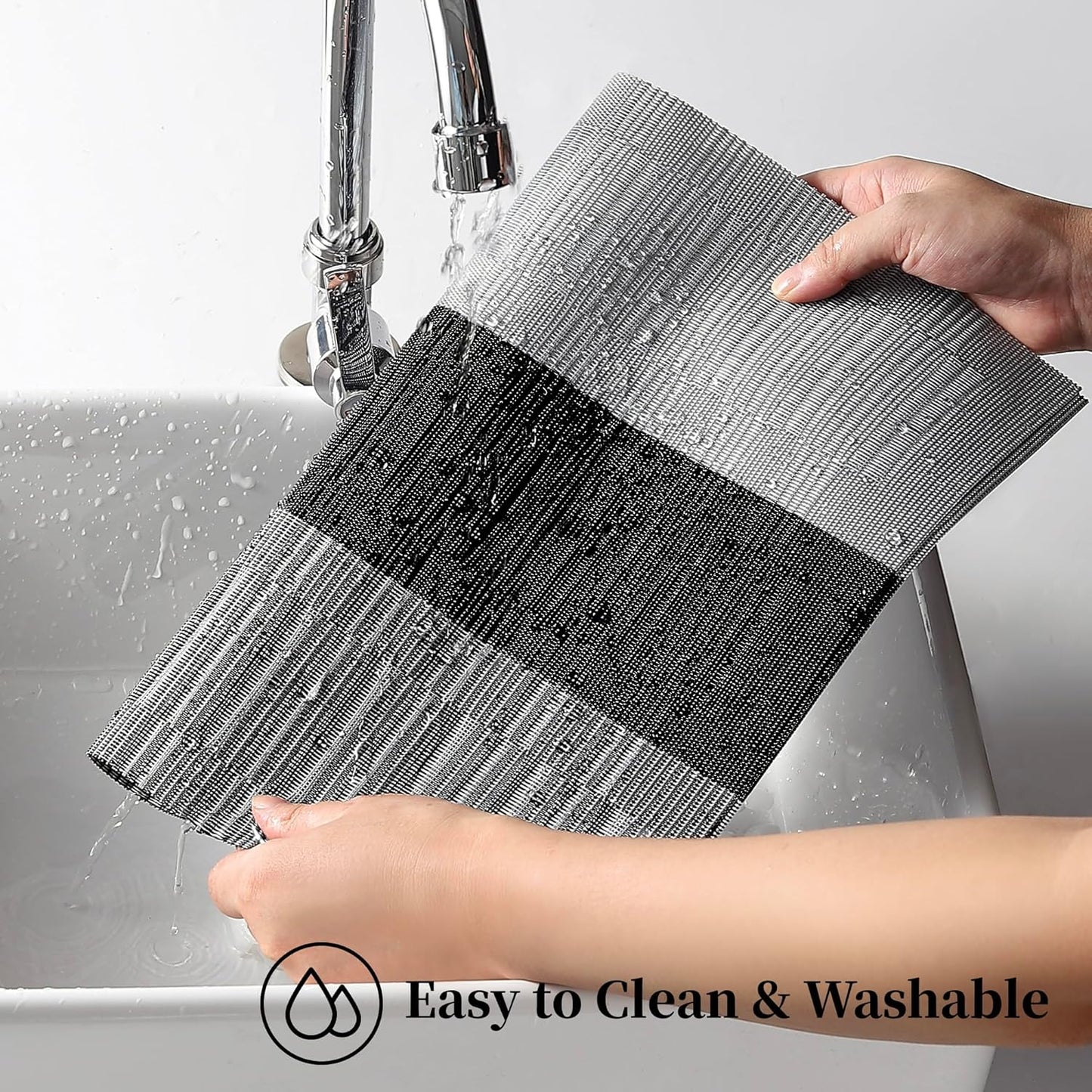 Leetaltree Grey with White Striped Placemats Set of 8 - Heat Resistant Non-Slip Place mats for Dining Table, Washable Durable PVC Vinyl Woven Table Mats(Grey Stripe, 8)