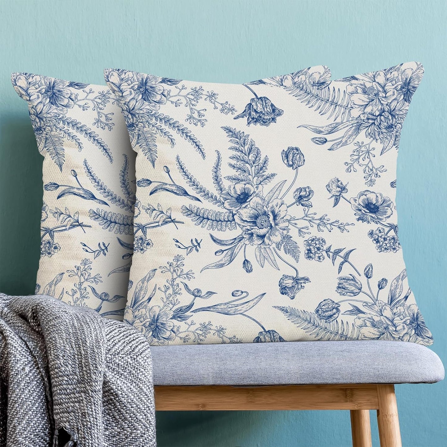 CXMEIFLY Spring Floral Leaves Pillow Covers 22 x 22 Inch Set of 2 for Chinoiserie Flowers Decor Throw Pillows Blue and White Seasonal Plant Outdoor Decorative Cushion Cases for Couch Bed Decorations