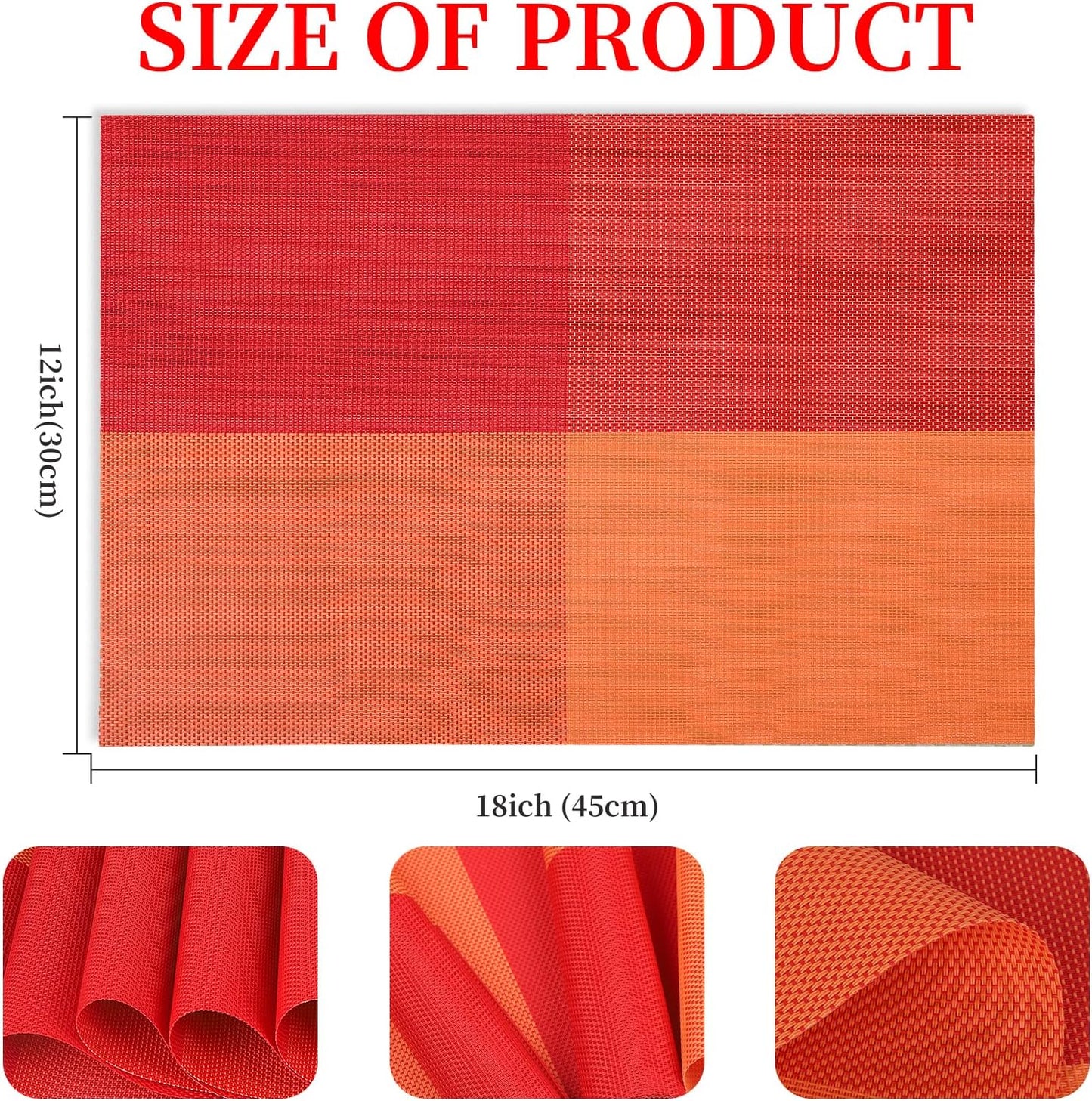 Vinyl Plastic Placemats Set of 6 Washable Heat Resistant Non-Slip Elegant Indoor Outdoor Kitchen Dining PVC Woven Table Place Mats (Orange Red Lattice Block)