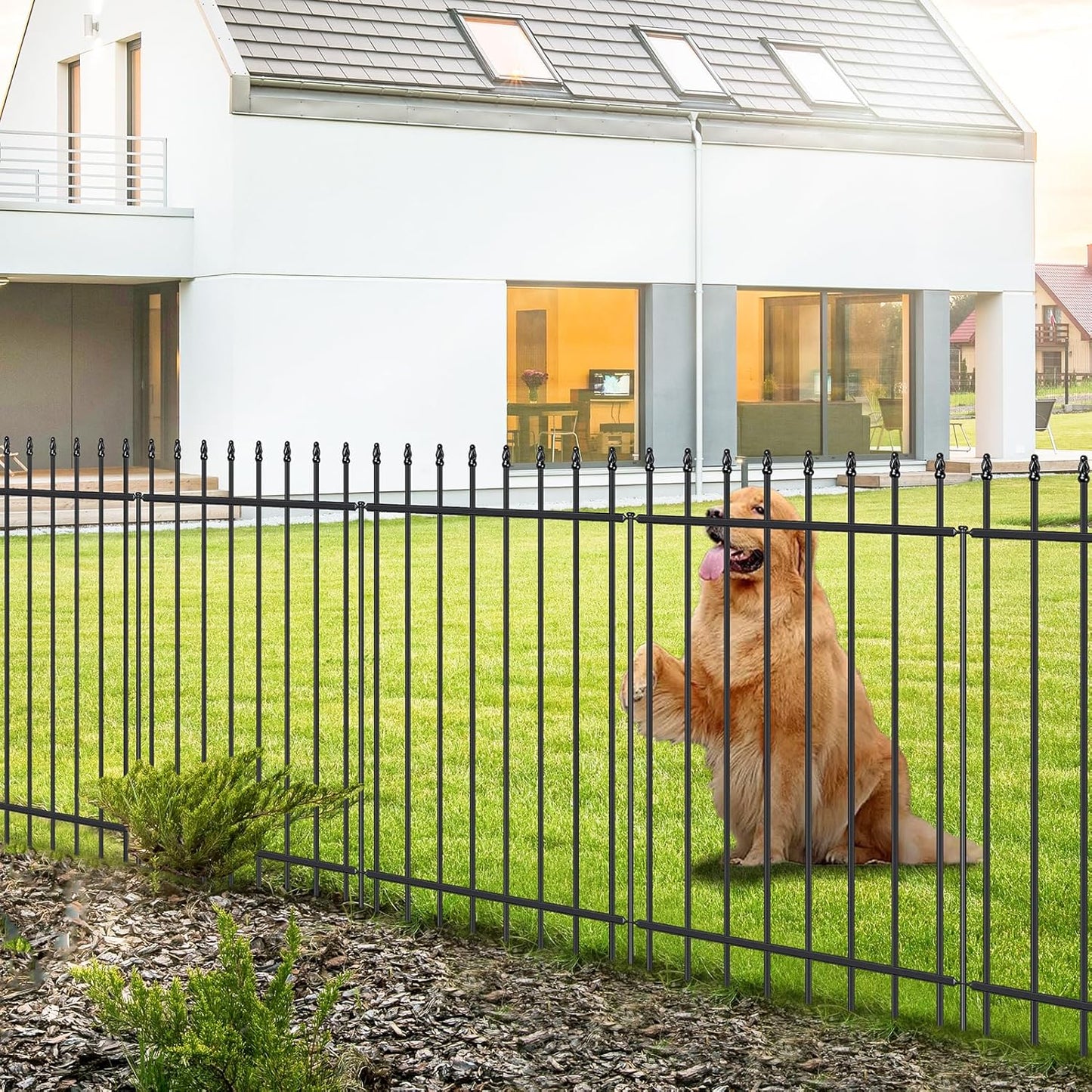 Metal Garden Fence 42 in H x 11.5 ft L, Border Fence Panels Animal Barrier for Dogs, No Dig Garden Fencing for Yard Patio Flower Bed Lawn Outdoor, 5 Panels + 6 Stakes Black