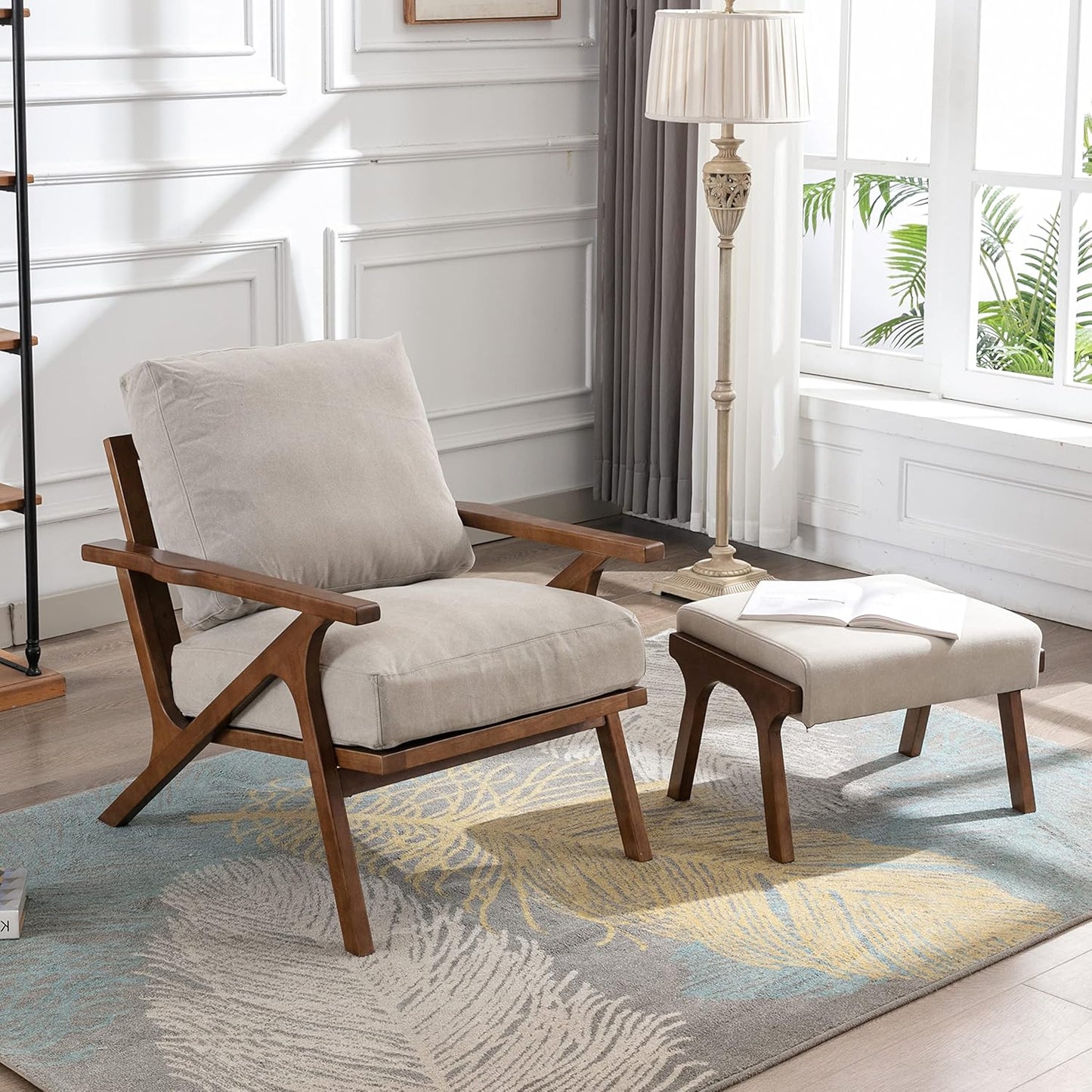 chairus 2 Sets Mid-Century Modern Accent Chairs with Ottoman, Linen Fabric Armchair with Wood Legs Comfy Upholstered Single Sofa Chair for Living Room/Bedroom/Lounge, Beige