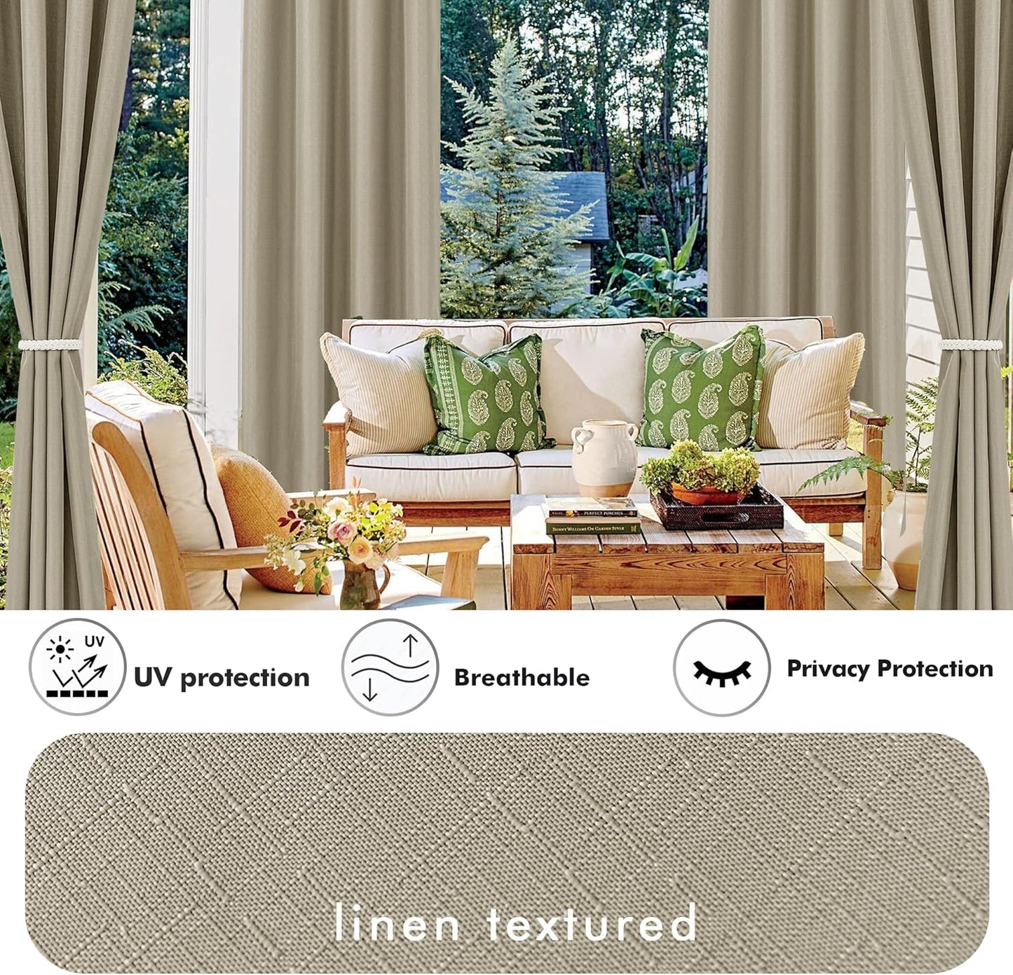 HolidayIdeas Linen Outdoor Curtains for Patio 4 Panels Waterproof Taupe Outside Curtains 110"x108"-Indoor/Outdoor Gazebo Wide Curtains Weatherproof, Privacy for Pergola, Porch, Cabana, Pool