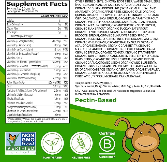 Orgain Kids Sugar Free Multivitamin Gummies, 50 Superfoods, 15 Vitamins 3g of 4+, 1 1 Month (60 Gummies)