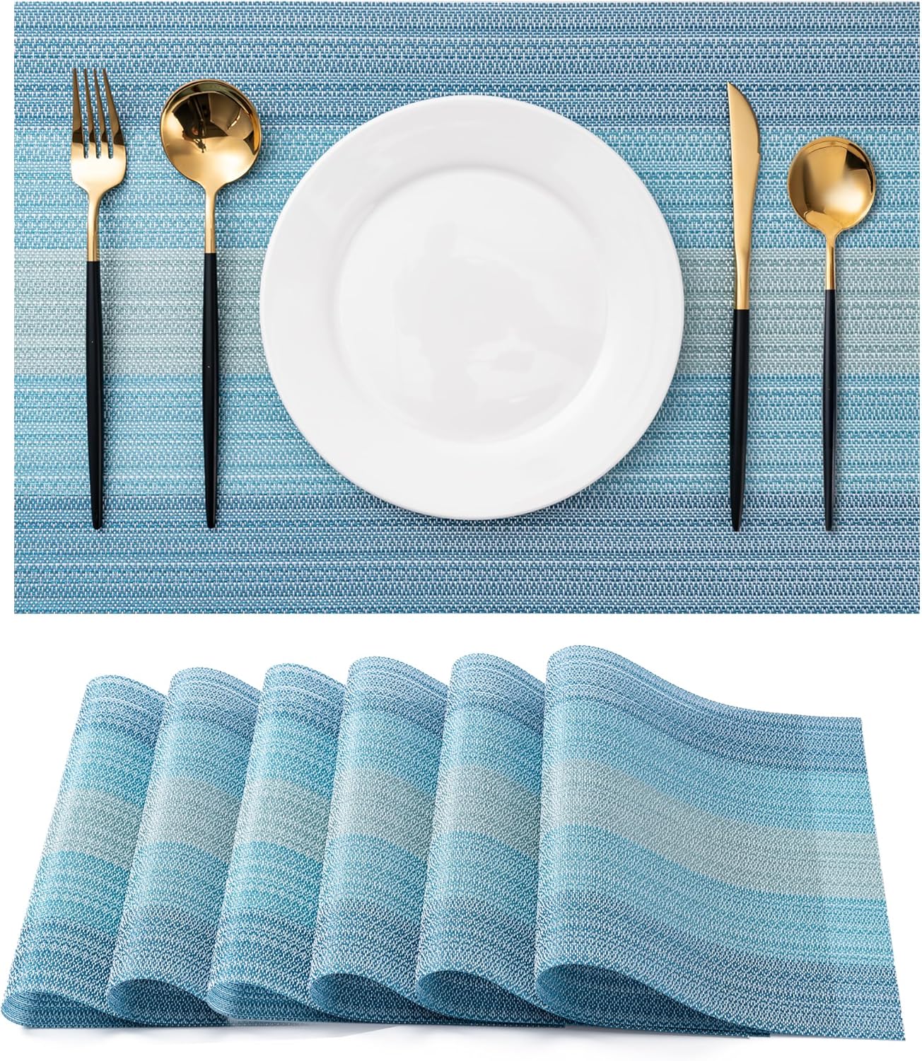 CADONO Placemats Set of 6 Washable Indoor/Outdoor Vinyl Place Mats for Dining Table Durable Non-Slip Heat Resistant PVC Weave Table Mats(Ocean Geode)