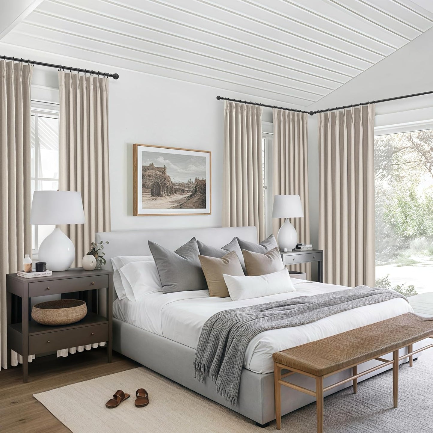 Grey Beige Linen Pinch Pleated Viral Thick Curtains Blackout & Drapes 84 Inch Length 2 Panels Set for Living Room, Black Out Windows Bug with Memory Trained Back Tab for Traverse Rods (40"Wx84"Lx2)