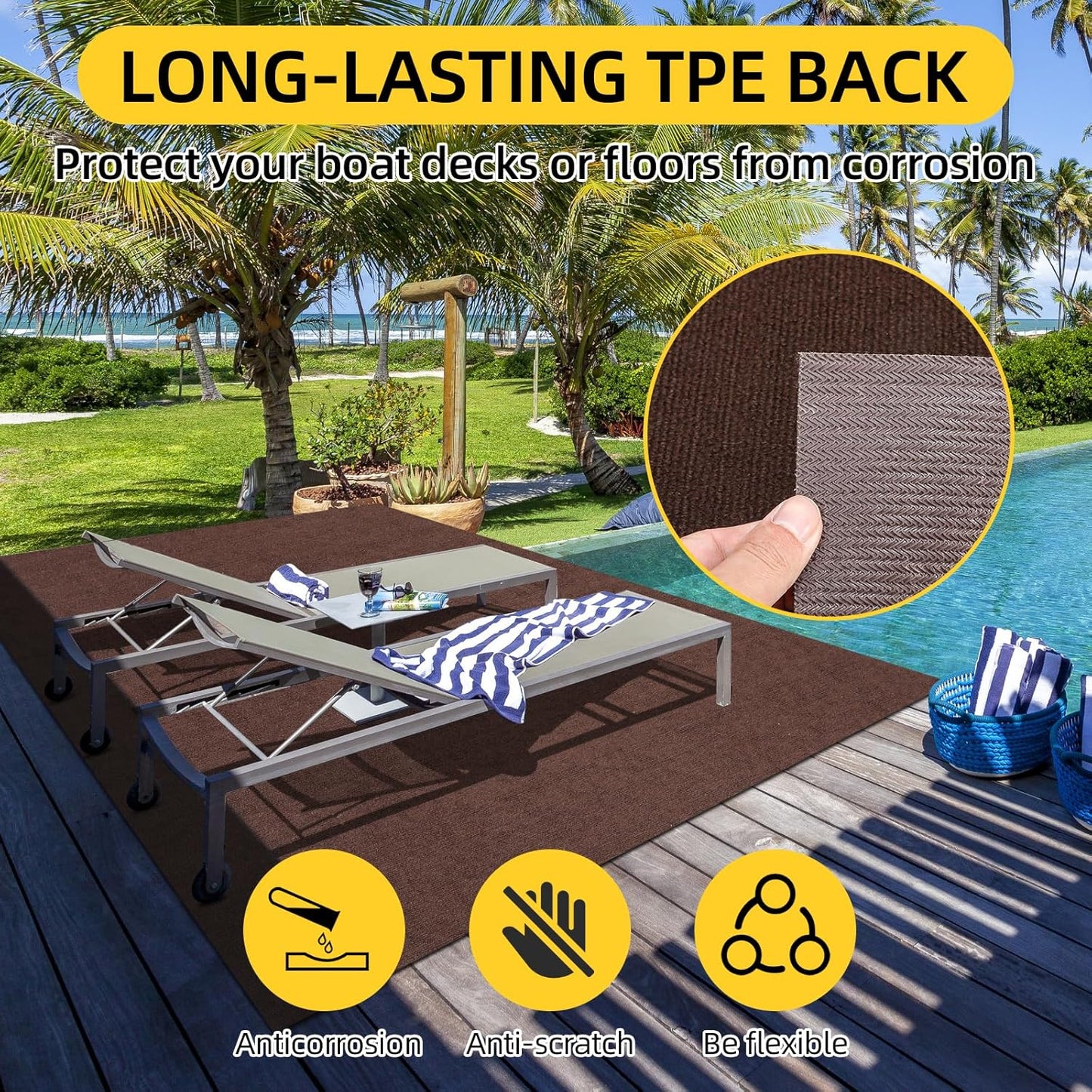 Marine Carpet,5 FT x 20 FT Brown Indoor Outdoor Carpet 0.2" Thick Boat Carpet with Water-Proof TPE Backing, Non-Slide Outdoor Marine Carpet Roll for Home, Patio, Porch, Deck