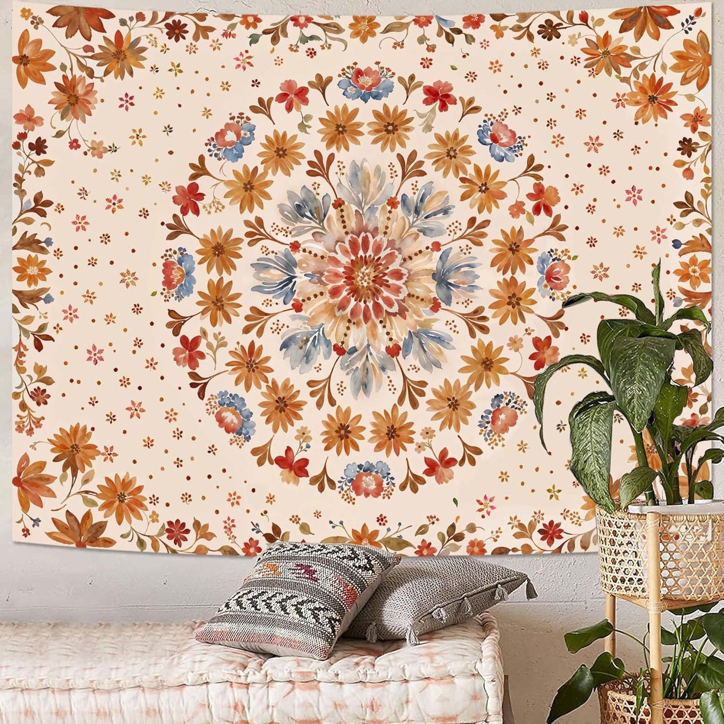Fowocu Boho Floral Mandala Tapestry Wall Hanging Watercolor Bohemian Flower Medallion Tapestry Aesthetic Beige Orange Hippie Indian Large Tapestries for Bedroom Living Room Dorm Decor 80 x 60 Inch