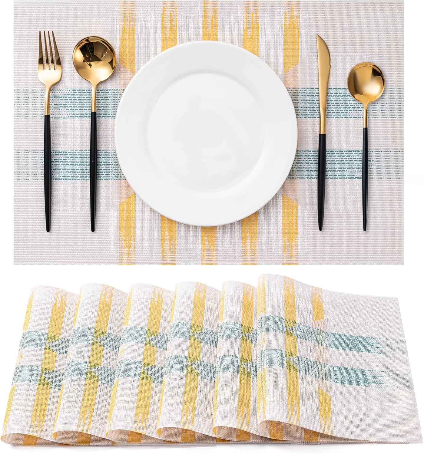 CADONO Placemats Set of 6 Washable Indoor/Outdoor Vinyl Place Mats for Dining Table Durable Non-Slip Heat Resistant PVC Weave Table Mats(Beige Green Cross)