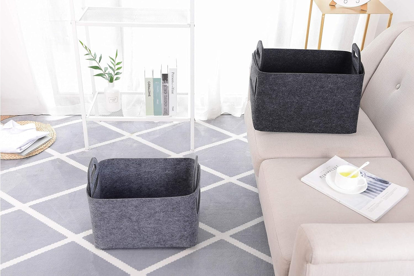 Minoisome Storage Basket Felt Storage Bin Collapsible& Convenient Box Organizer with Carry Handles for Office Bedroom Closet Babies Nursery Toys Laundry (Dark grey, 15.7inch(L)×11inch(W)×10inch(H))