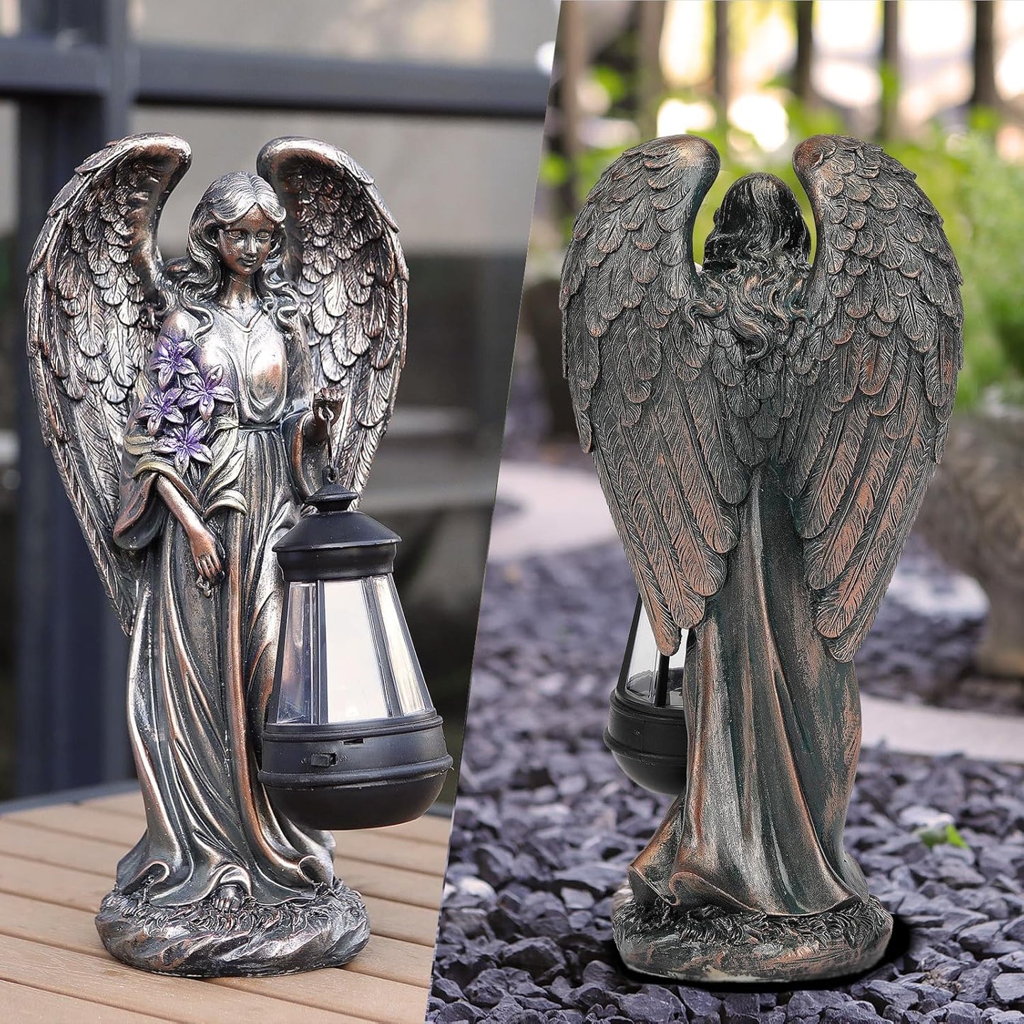 Solar Angel Outdoor Garden Decor Statues – 13.2 inches Solar Outdoor Sculptures for Outside Yard Art Patio Balcony Front Lawn Ornaments Gifts for Mom Grandma Women(Bronze)