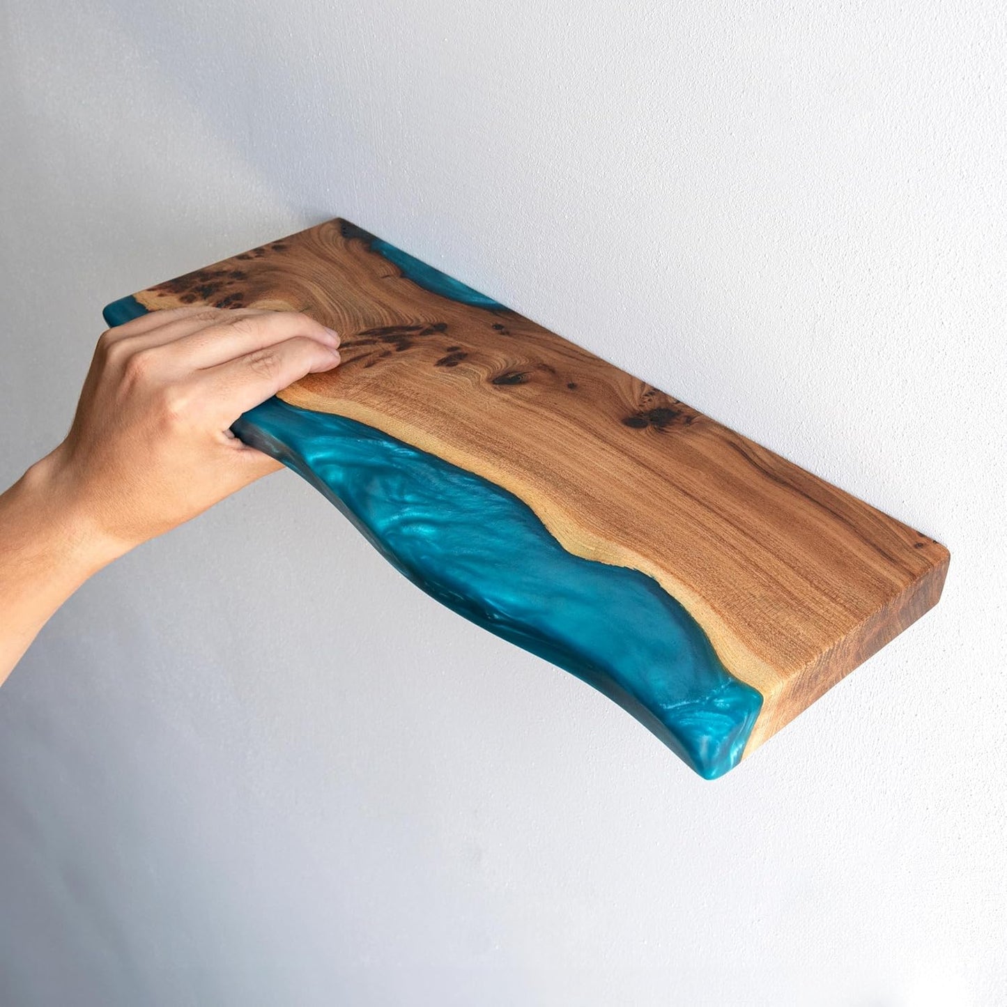 RWA Unique Live Edge Floating Shelf for Wall - Stylish Hanging Shelves for Room Wall Bedroom Bathroom Office Decor, Epoxy and Wood Wall Shelf Plank - Elegant Wall Mounted Shelves (sky blue, 24x7")