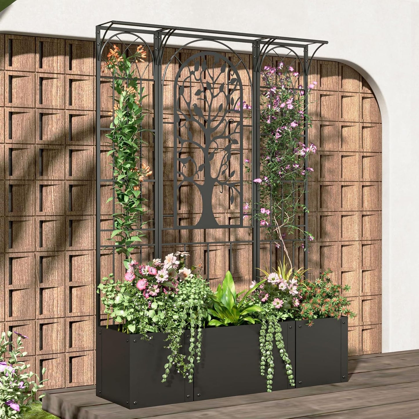 Metal Planter Box with Trellis, Outdoor Raised Garden Bed with Privacy Screen, Trellis Planter Boxes for Climbing Plants, Vines, Vegetables, Flowers, 62 Inch Tall, Patio Decor (Black)