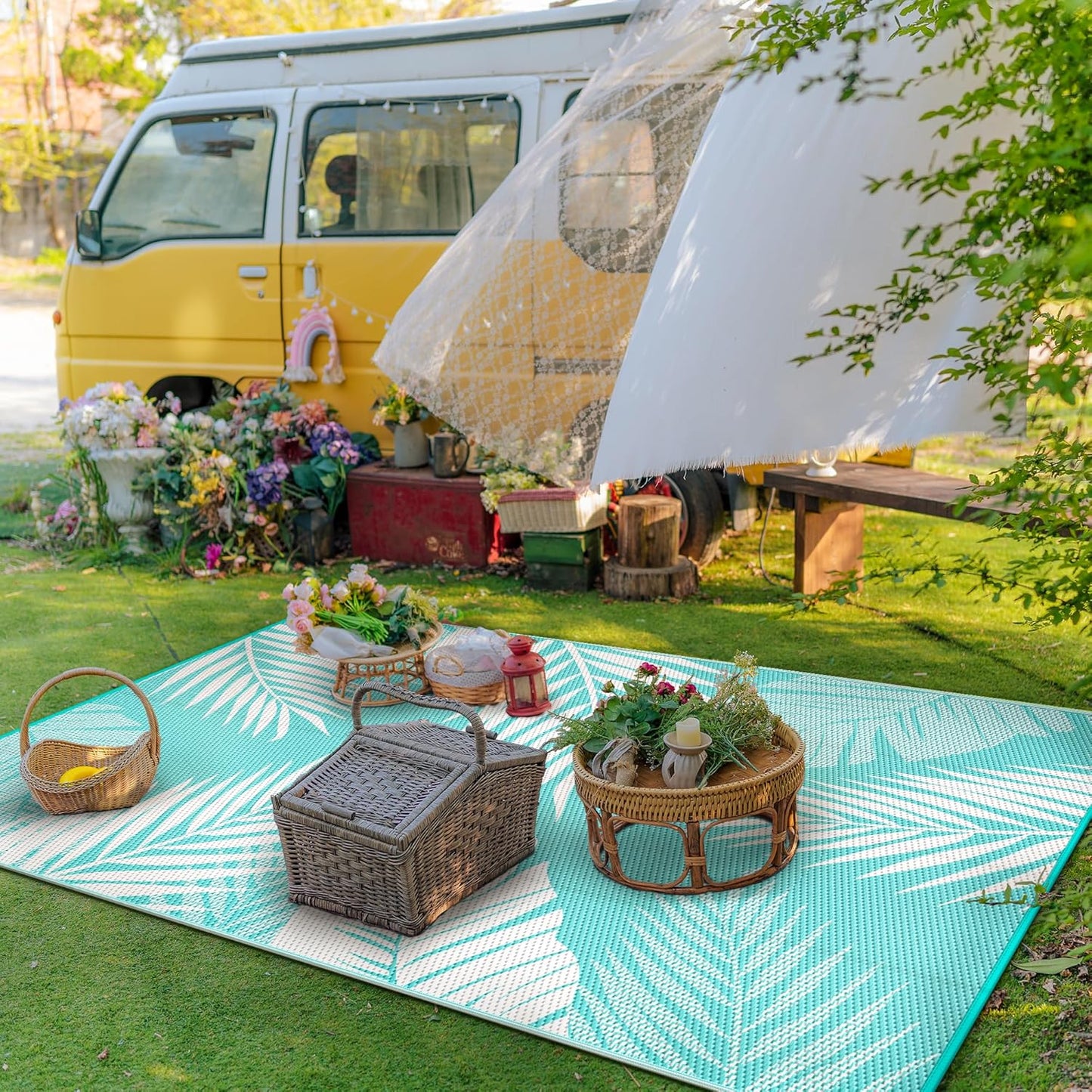 GENIMO Outdoor Rug 8' x 10' Waterproof for Patios Clearance, Reversible Outdoor Plastic Straw Camping Rug Carpet, Large Area Rugs Mats for RV, Camper, Deck, Balcony, Porch, Beach, Aqua Blue&White