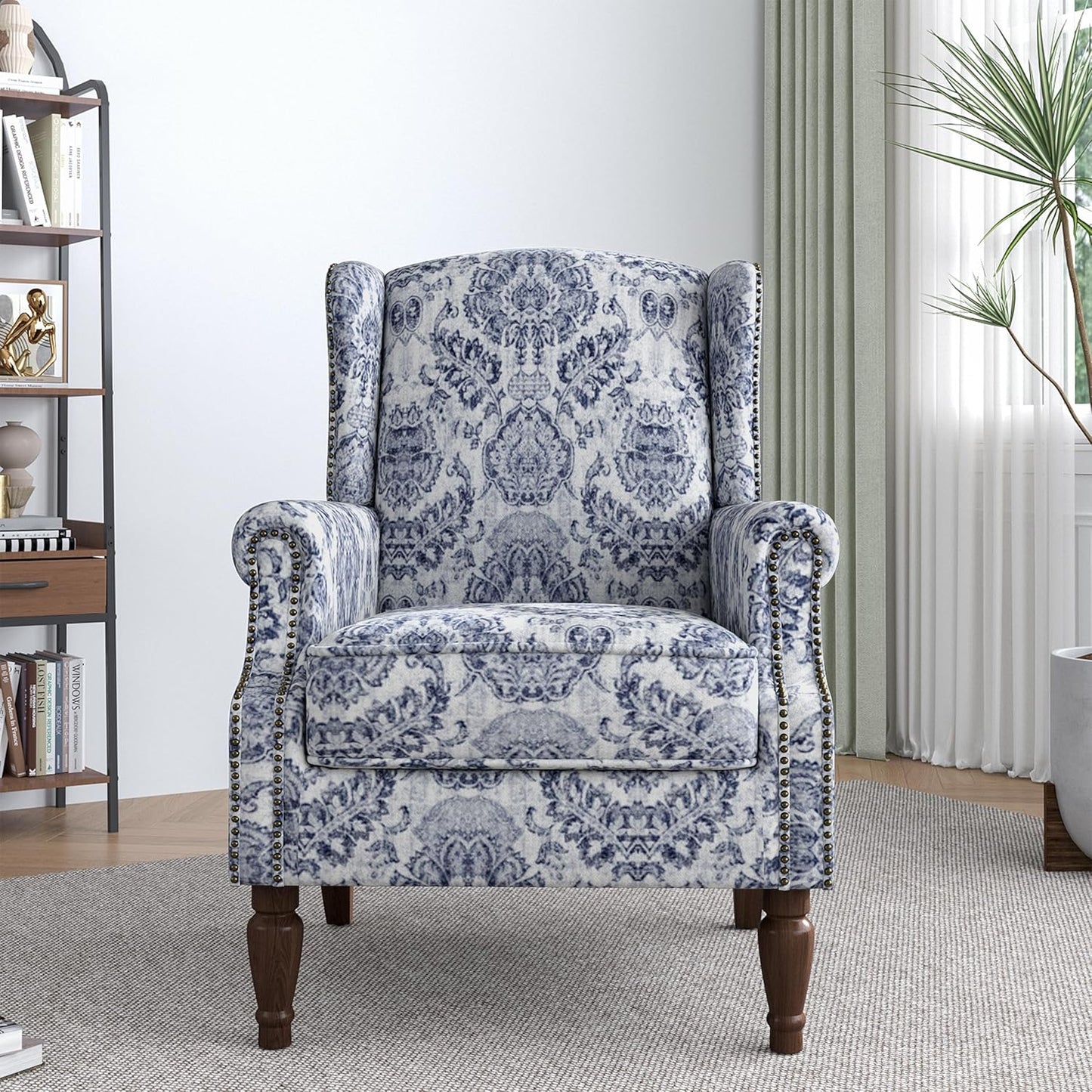 Lumibee Wingback Accent Chair,High Back Floral Armchairs in Fabric,Comfy Upholstered Reading Single Sofa Chair with Solid Wood Legs for Living Room,Bedroom,Office-Navy