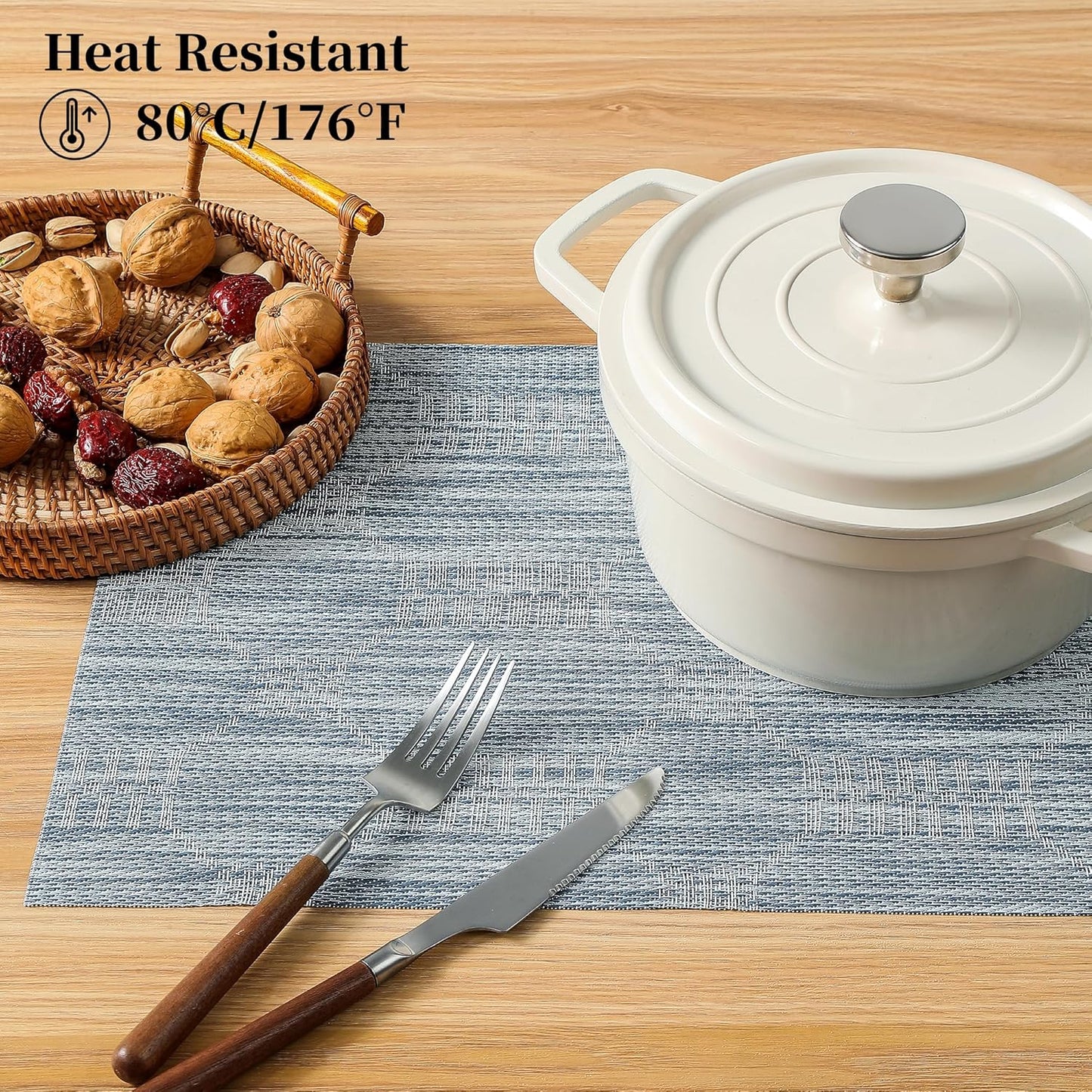 Leetaltree Jacquard Blue Placemats Set of 12 - Heat Resistant Non-Slip Place mats for Dining Table, Washable Durable PVC Vinyl Woven Table Mats(Jacquard Blue, 12)