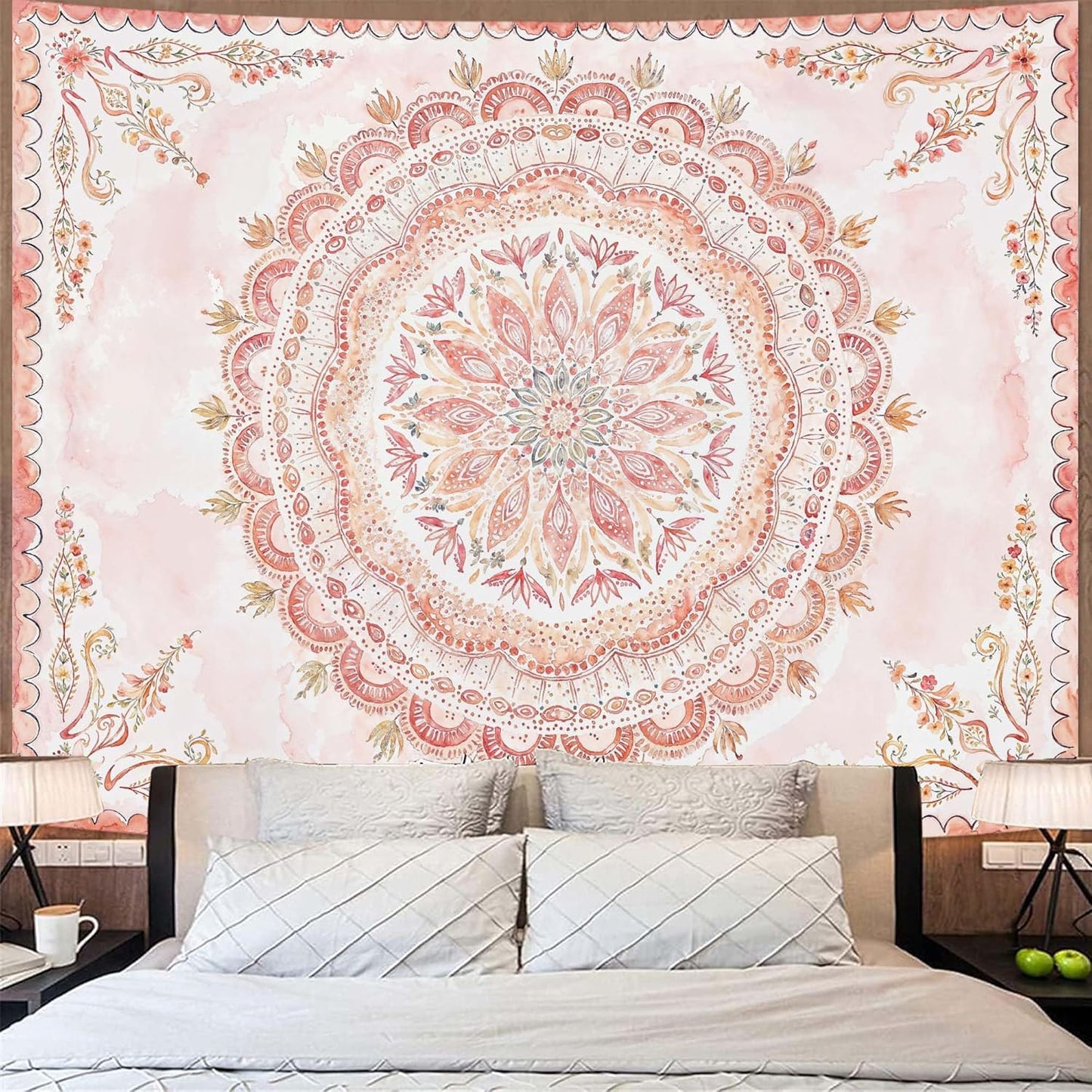 Fowocu Boho Floral Mandala Tapestry Wall Hanging Pink Bohemian Flower Medallion Tapestry Aesthetic Watercolor Hippie Indian Extra Large Tapestries for Bedroom Living Room Dorm Decor 90 x 68 Inch