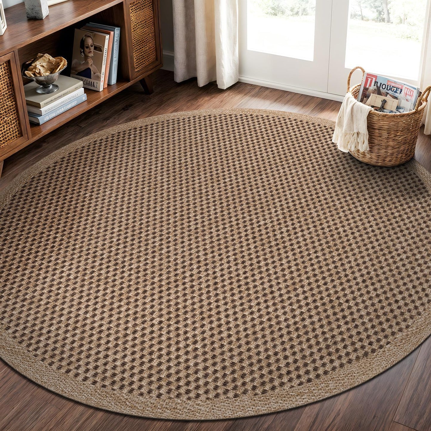 CAMILSON Easy Jute Round Rug 4ft Indoor Outdoor Natural Color Fiber Area Rugs for Living Room Patio and Kitchen Rug, Sisal Boho Woven Design Easy-Cleaning Washable Outside Carpet Alfombras (4 Round)