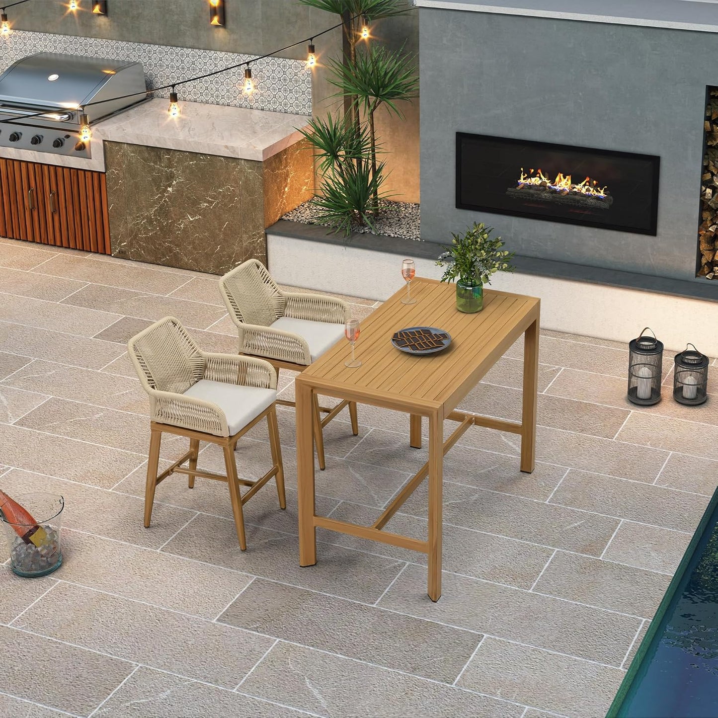 PURPLE LEAF 39.1'' Rectangle Outdoor Patio Counter Height Dining Table, Durable Aluminum Bar Height Pub Table for Counter Bar Stool, Water-Proof Tall Dining Table with Sturdy Legs, Teak