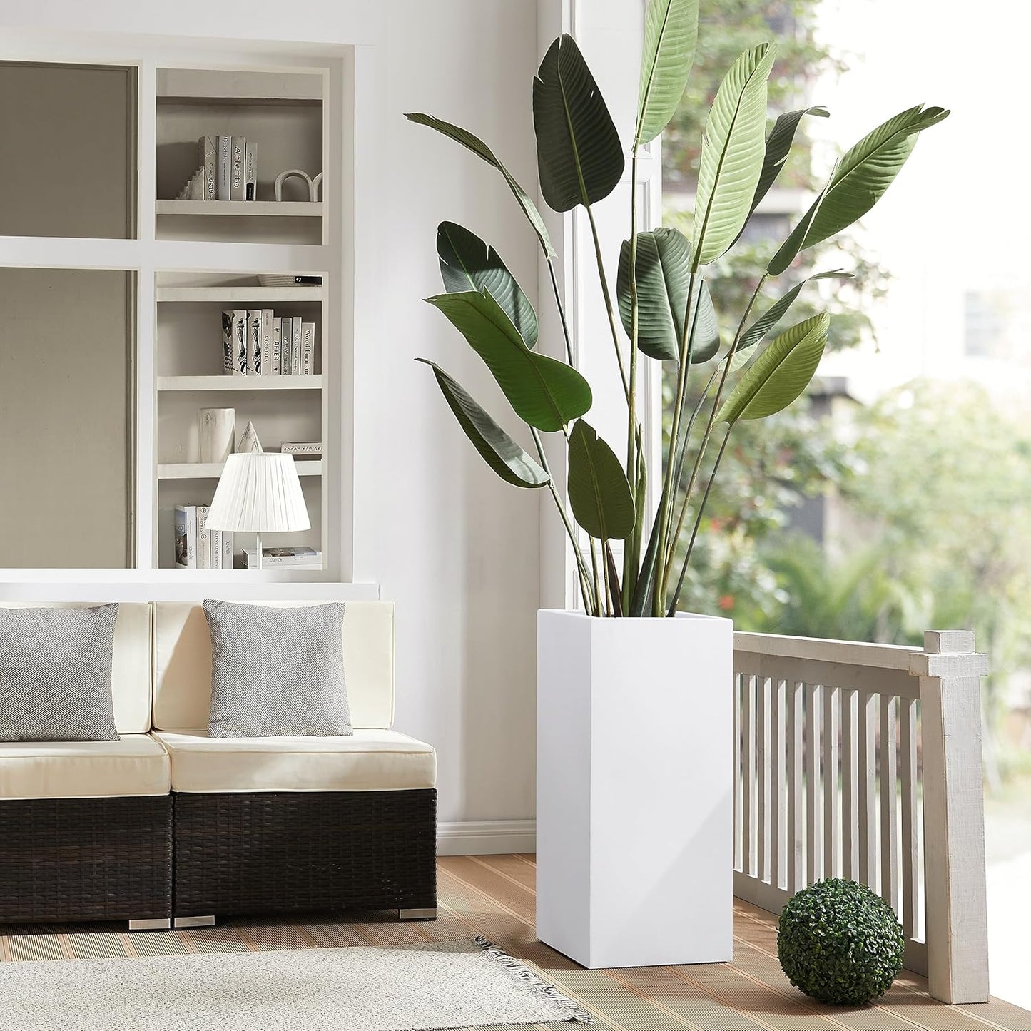 Metallic Heavy Large Planter Box for Outdoor or Indoor, Tall Metal Planters, Rectangular Flowerpot for Front Porch, Garden, Patio 25Pounds Pure White, No Assembly 1 Pack