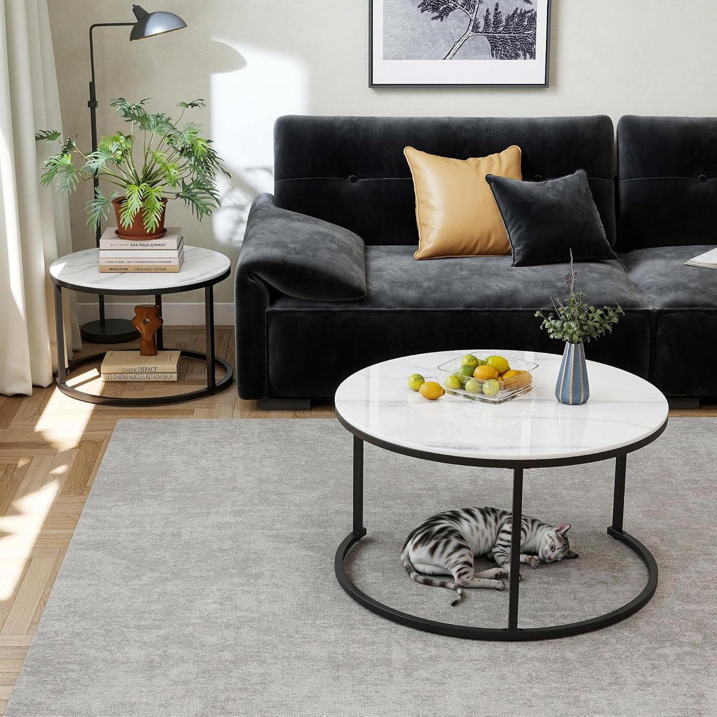 Modern White Coffee Table Set of 2 - Sintered Stone Top & Sturdy Metal Base, fo Living Room Bedroom Apartment