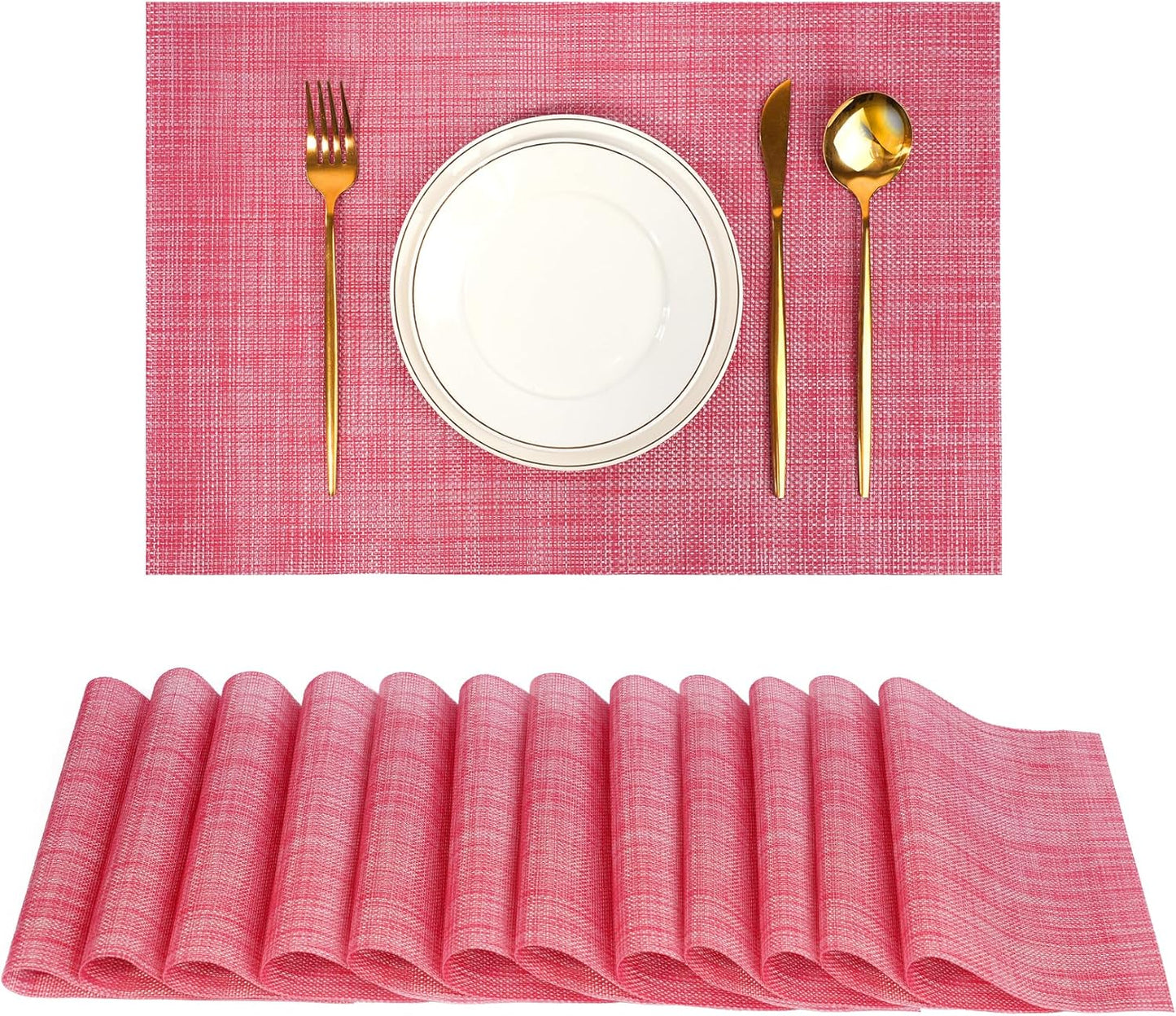 Placemats Set of 12,Non-Slip PVC Weave Table Mats Easy to Clean,Heat Resistant Place Mats for Kitchen Dining Table Decoration Indoor Outdoor,Red