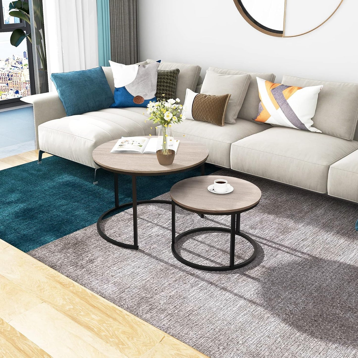 Round Coffee Tables Nesting Side Set of 2 End Tables for Living Room,Round Table with Solid Powder-Coated Metal Frame Natural Wood Color