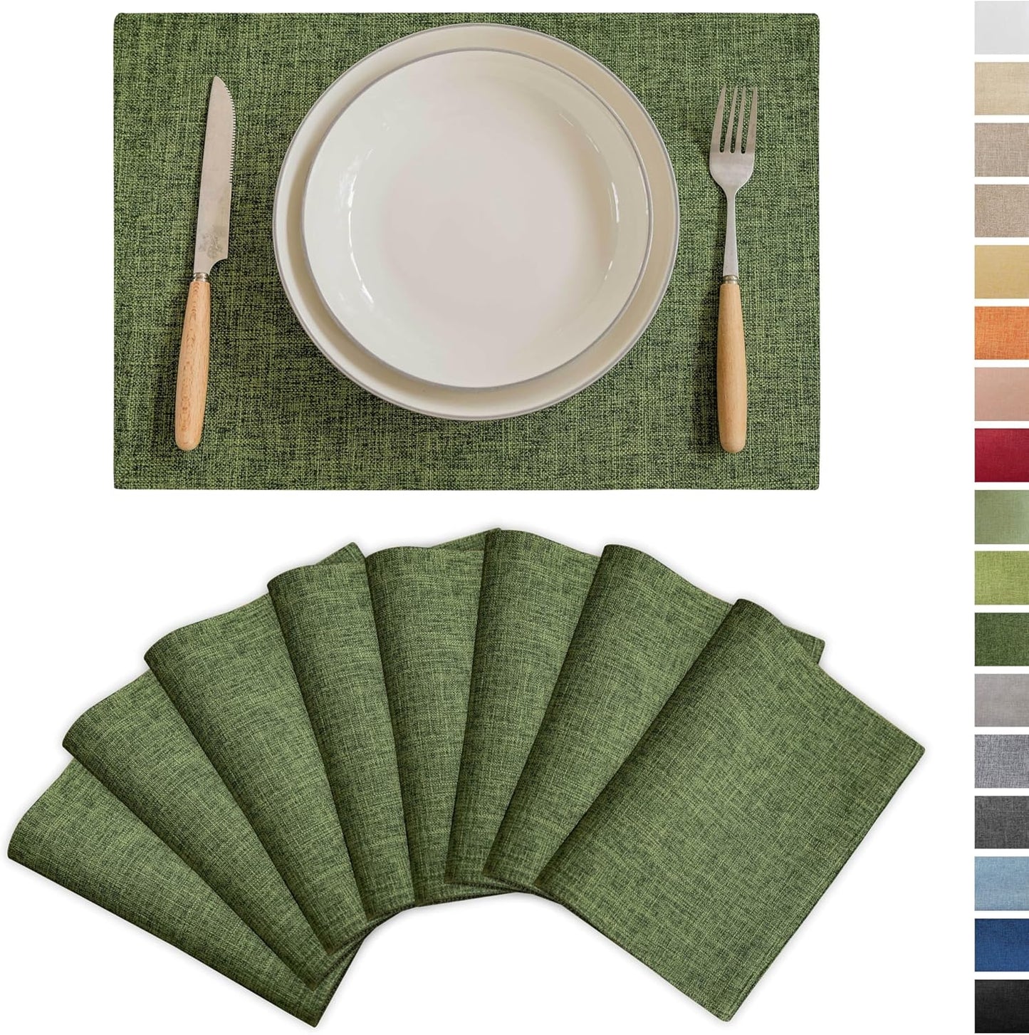Demetex Dark Green Placemats Set of 8 Decorative Linen Textured Place Mats Heat Resistant Plate Platemats for Cafe Party Banquet Tables, 13x19 inch, Green