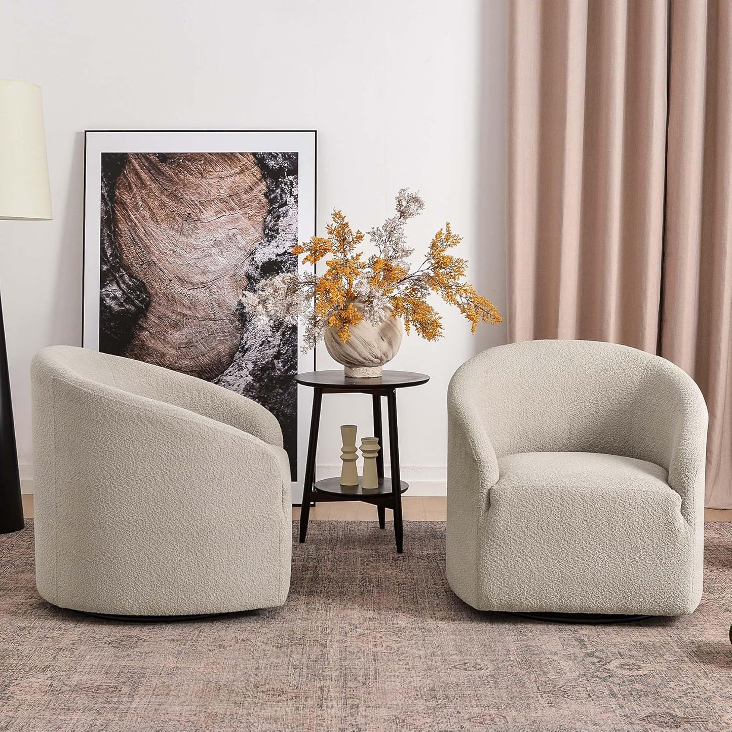 KINWELL 32" Wide Modern Boucle Swivel Barrel Chairs Set of 2, No Assembly Round Upholstered Swivel Accent Armchairs for Living Room, Bedroom (Oatmeal)