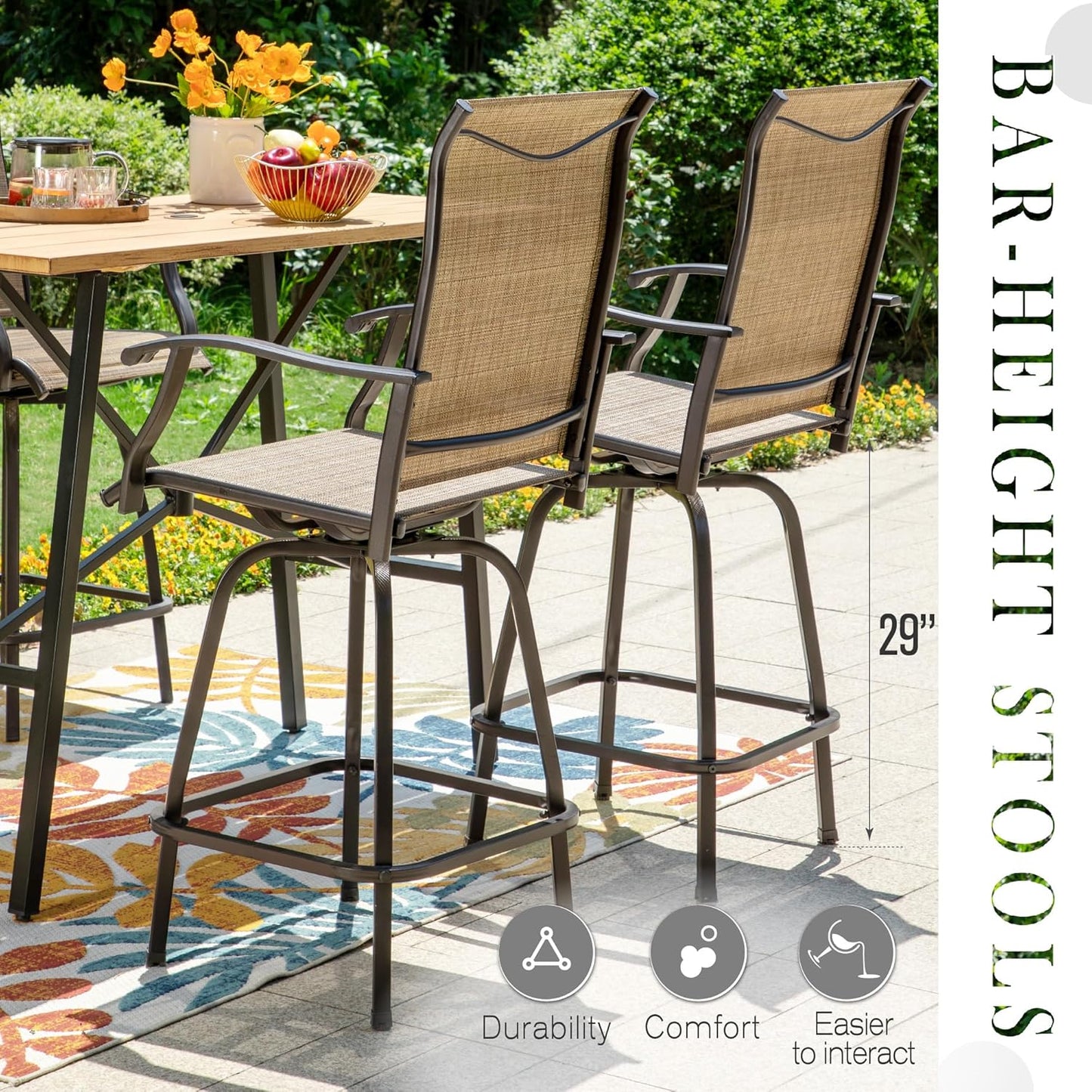 Sophia & William Outdoor Bar Set, Patio Bar Table and Chairs Set, Bar Height Patio Set - 4 x Swivel Bar Chairs(Brown), 1 x Square Bar Table(Wood-Like)