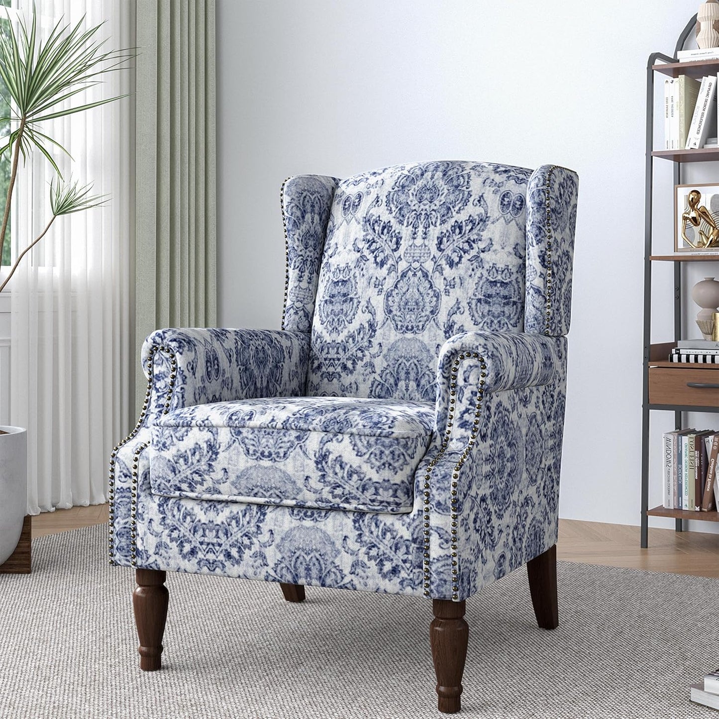 Lumibee Wingback Accent Chair,High Back Floral Armchairs in Fabric,Comfy Upholstered Reading Single Sofa Chair with Solid Wood Legs for Living Room,Bedroom,Office-Navy