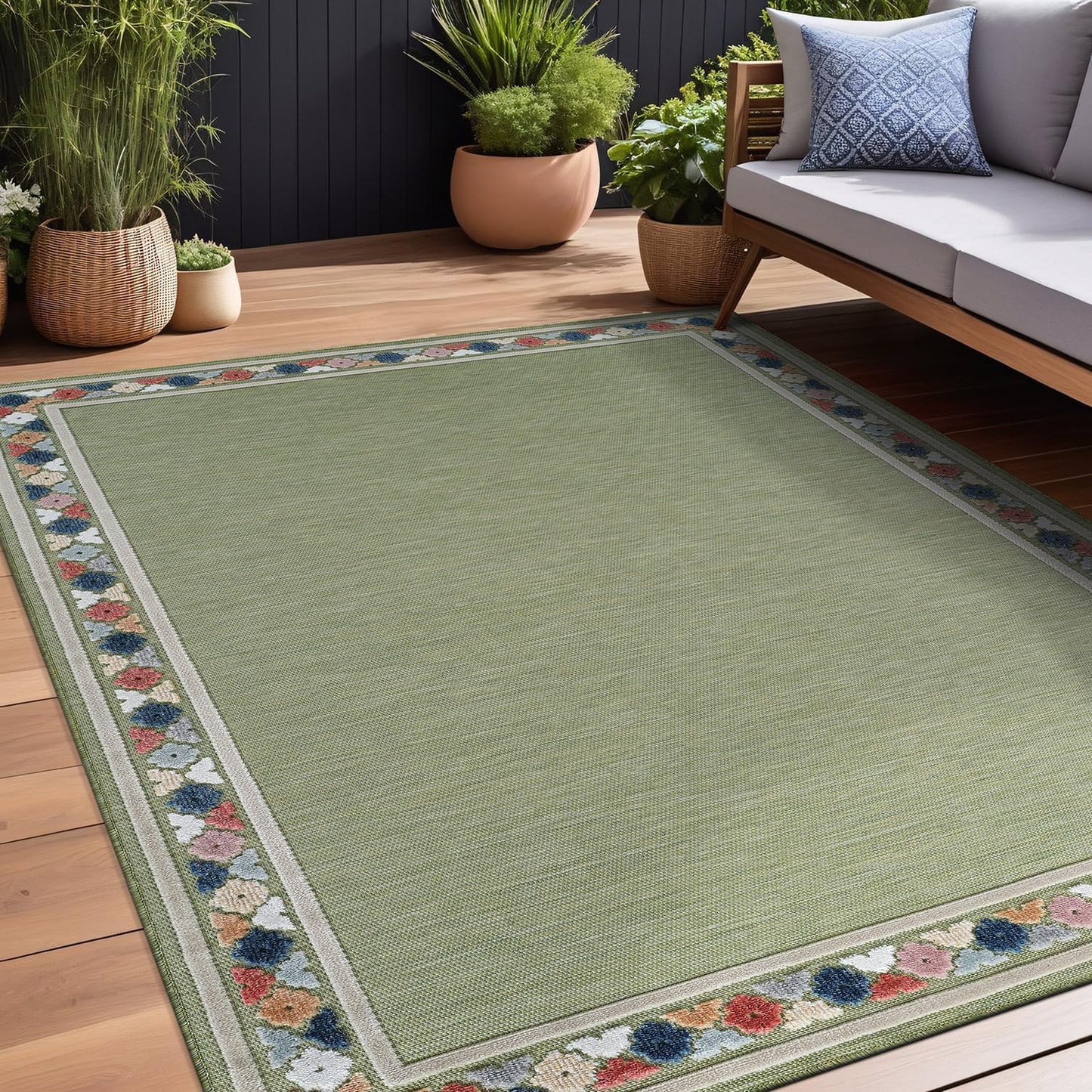 Beverly Rug Outdoor Rug 6x9 Modern Bordered Area Rugs for Indoor and Outdoor Patio Easy to Clean Non Shedding Living Room Porch Garden Washable Outside Carpet (6 x 9 Green)