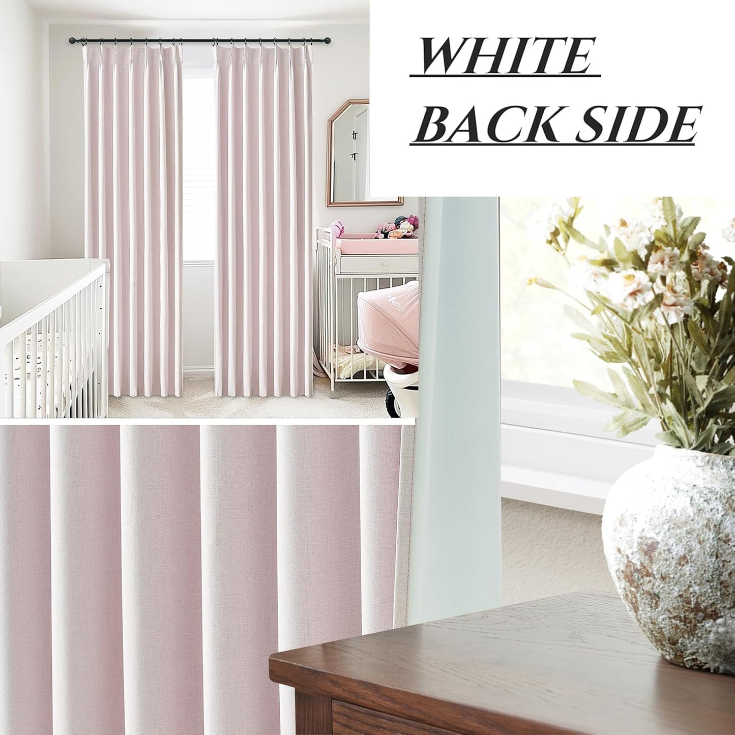 Pink Boho Blackout Curtains for Girls Room, Viral Pinch Pleated Linen Drapes Back Tab 96 Inches Long for Bedroom/Nursery Sound Dampening Heat Blocking Window Curtain (40" Wx96 Lx2 Panels)