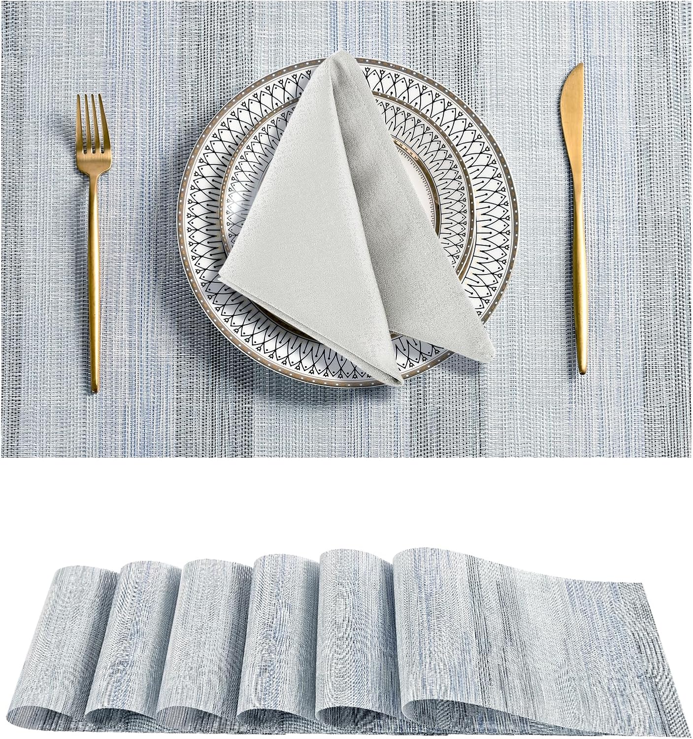 Leetaltree LightSteel Blue Placemats Set of 6 - Heat Resistant Non-Slip Place mats for Dining Table, Washable Durable PVC Vinyl Woven Table Mats(LightSteel Blue, 6)