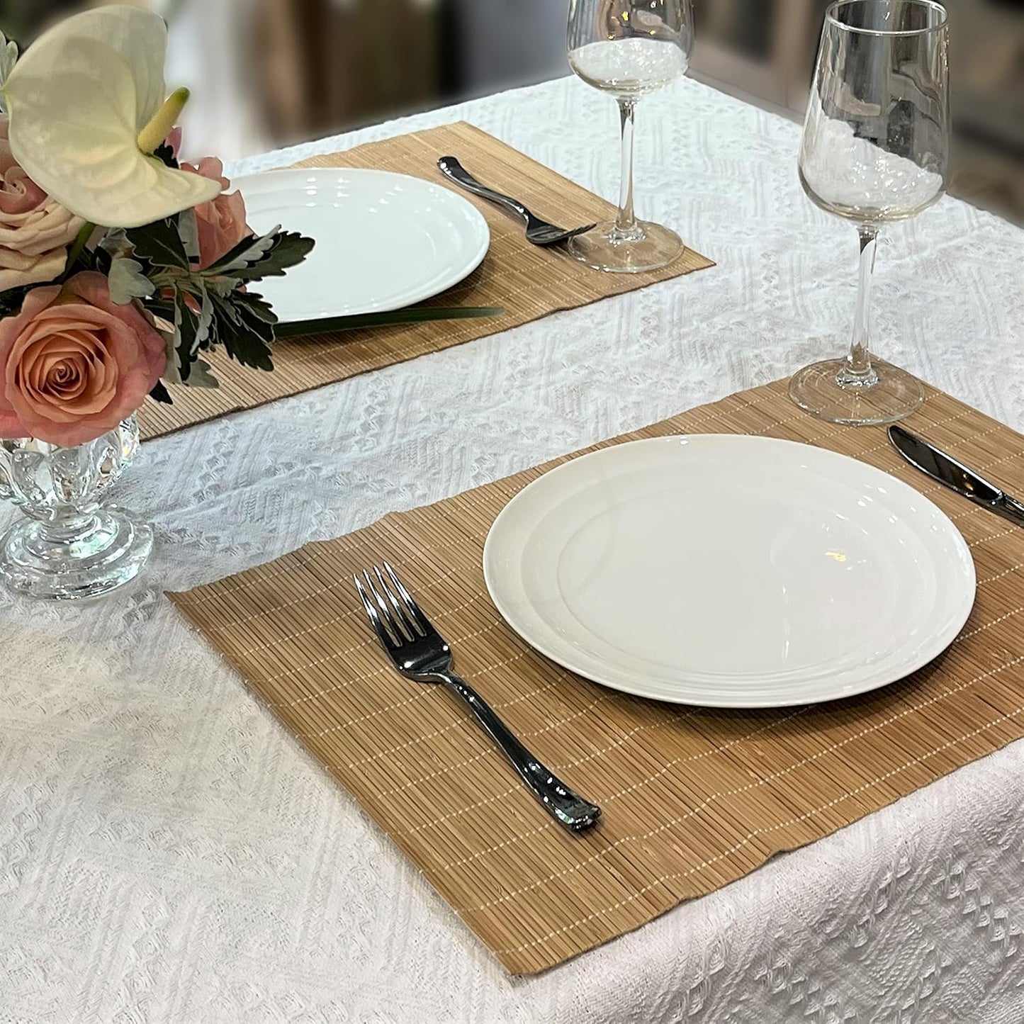 ANDSTAR Bamboo Placemats Set of 6 Non-Slip - 12x18 Inch Waterproof Table Mats for Dining, Eco-Friendly Reusable Dishwasher Safe Kitchen Decor, Thick Heat Resistant Home Accessories (Brown)