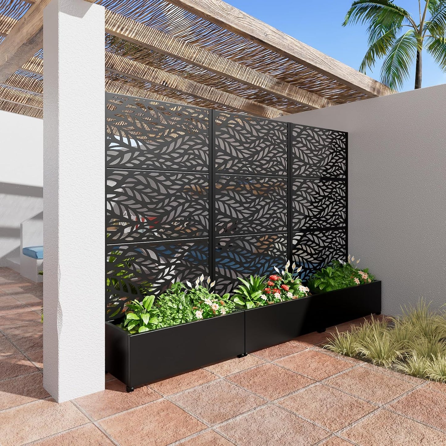 Casaphoria Metal Raised Garden Bed with Trellis and Wheels, 72"x35"x16" Planter Box for Climbing Plants, Vegetables & Vines, Features Drainage Holes and Privacy Screen (Black-Spring)