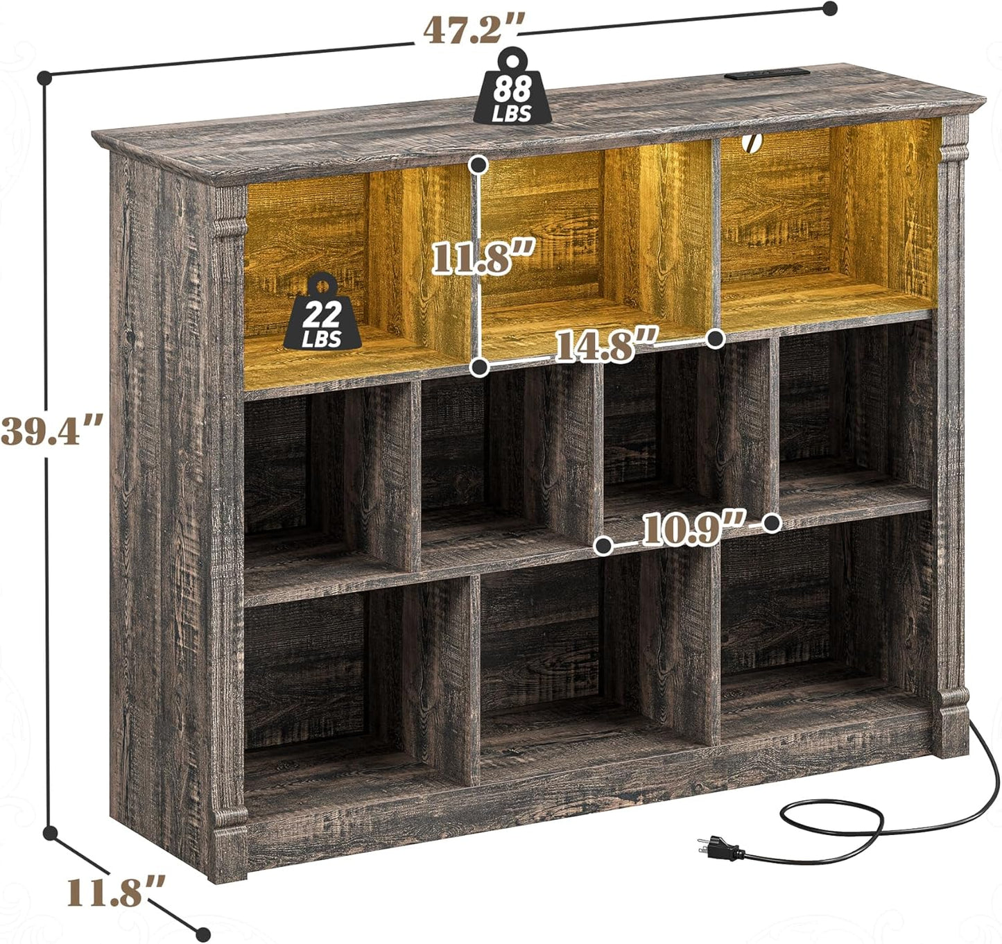 EnHomee 10 Cube Storage Organizer with LED Light and Charging Station Wood Cube Shelf Display Cabinet for Bedroom Living Room,Office,Black Oak