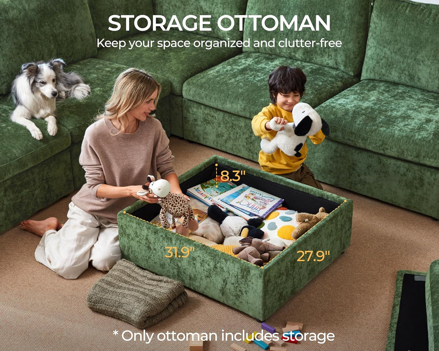 Oversized Modular Sofa Comfy Cloud Couch with Storage, Extra Deep Plush Sectional Sofa Set for Living Room, Covers Washable, Chenille, Olar (Green, 4-Seater with Ottoman, l-Shaped)