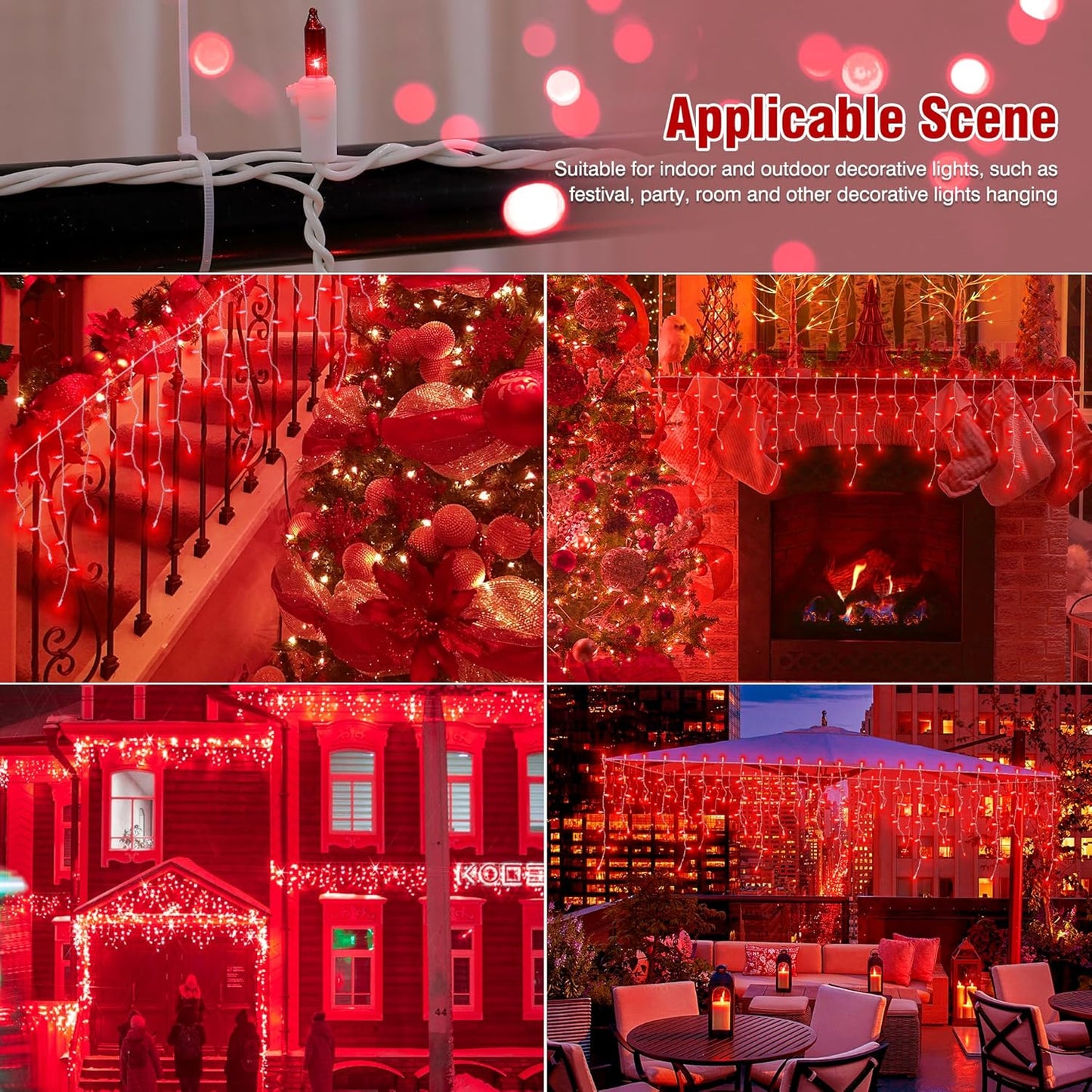 YOUNGAR 23FT 200 Icicle Christmas Lights, Waterproof Connectable Twinkle Fairy Lights for Indoor Outdoor Fireplace Wedding Decorations (Red)