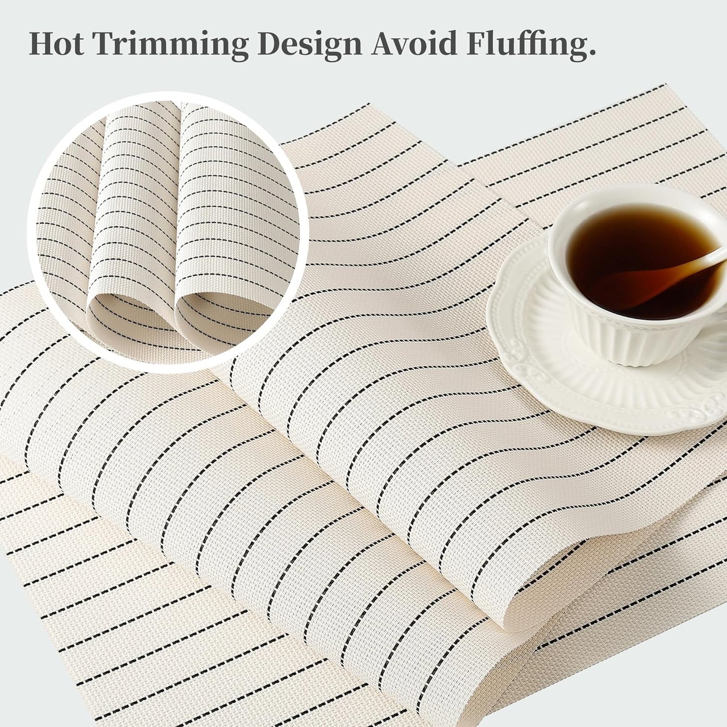 Leetaltree White with Black Stripes Placemats Set of 12 - Heat Resistant Non-Slip Place mats for Dining Table, Washable Durable PVC Vinyl Woven Table Mats(White Stripes, 12)