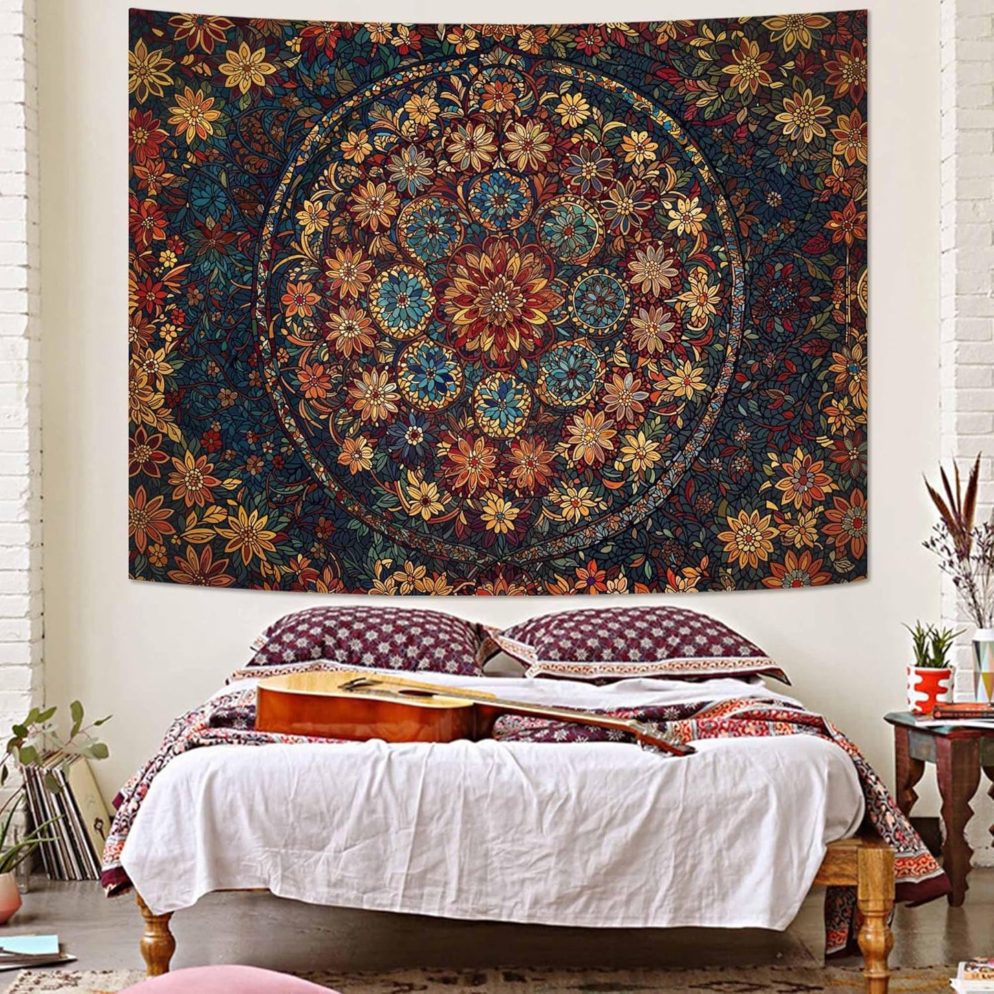 Fowocu Boho Floral Mandala Tapestry Wall Hanging Vintage Bohemian Flower Medallion Tapestry Aesthetic Orange Stained Glass Hippie Small Tapestries for Bedroom Living Room Dorm Decor 40 x 30 Inch