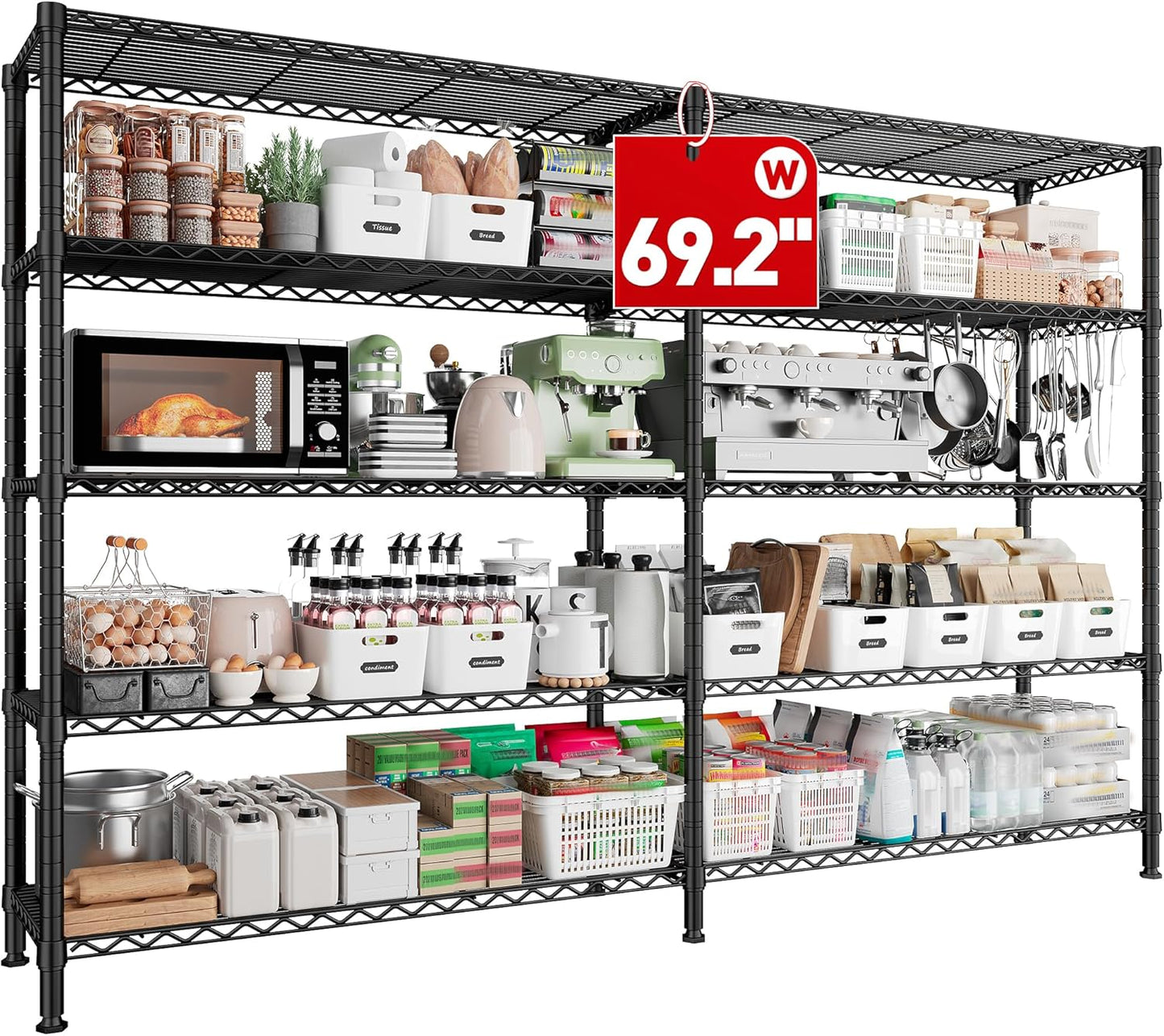 REIBII 70" W Storage Shelves Heavy Duty Load 1600LBS, Metal Shelving 5-Tier Wire Shelving Unit Metal Shelves for Storage Adjustable Shelving Rack for Pantry Kitchen 70" W*15.8" D*72.4" H, 2 Pack