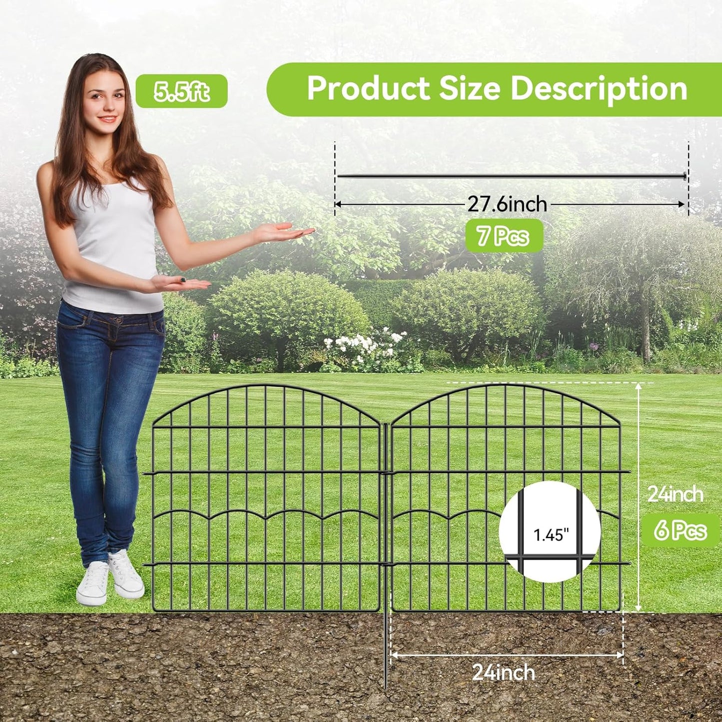 Decorative Garden Fence 6 Panels 12 ft (L)×24in (H) Metal Garden Fences, No Dig Animal Barrier Fencing Rustproof Wire Border Temporary Dog Fence for Patio Outdoor Yard Lawn - Without Door