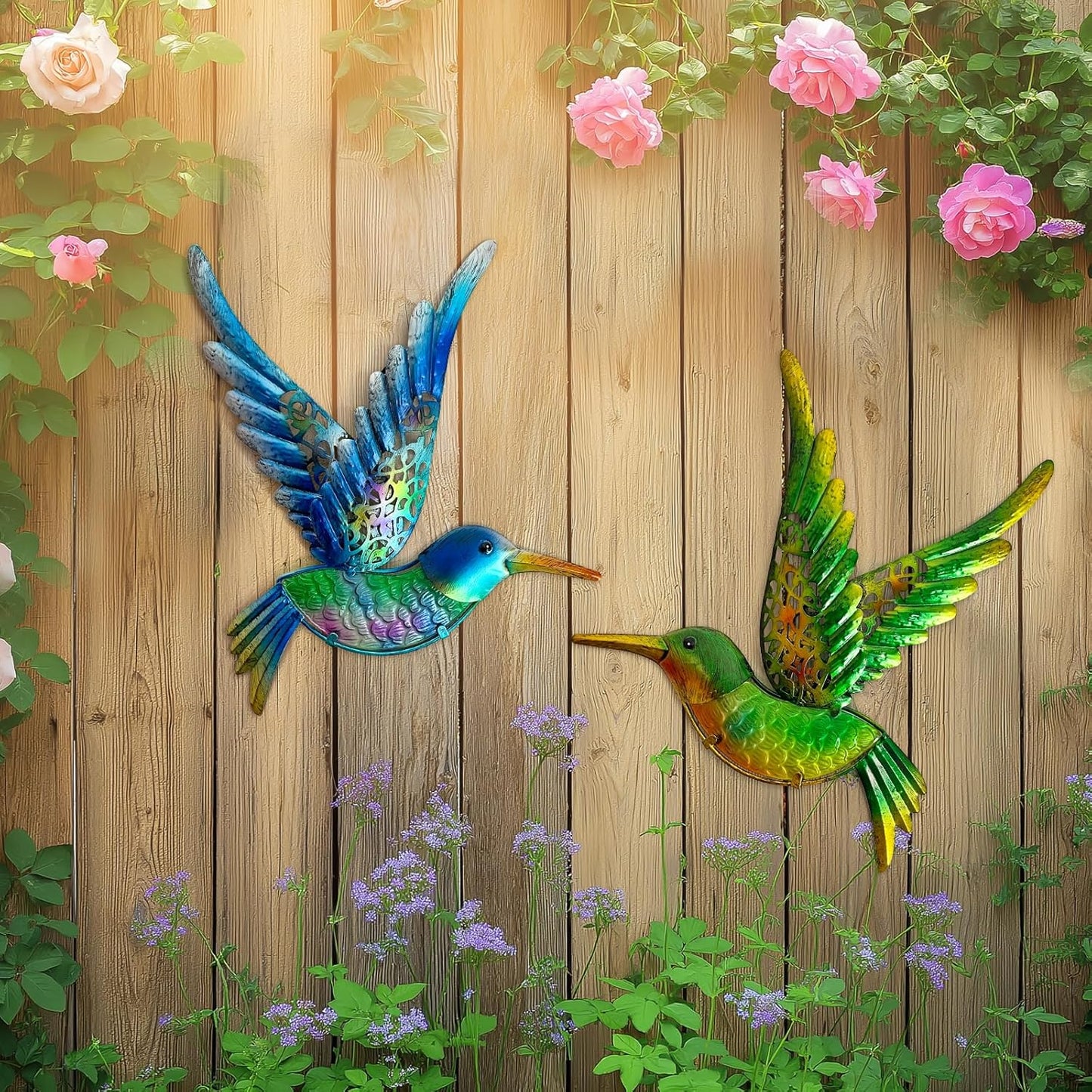 HONGLAND Metal Hummingbird Wall Art 12inch Metal Birds Wall Sculpture Garden Decoration Outdoor Statue Patio Fence Hanging Plaques 2 Pack(Blue-Green)