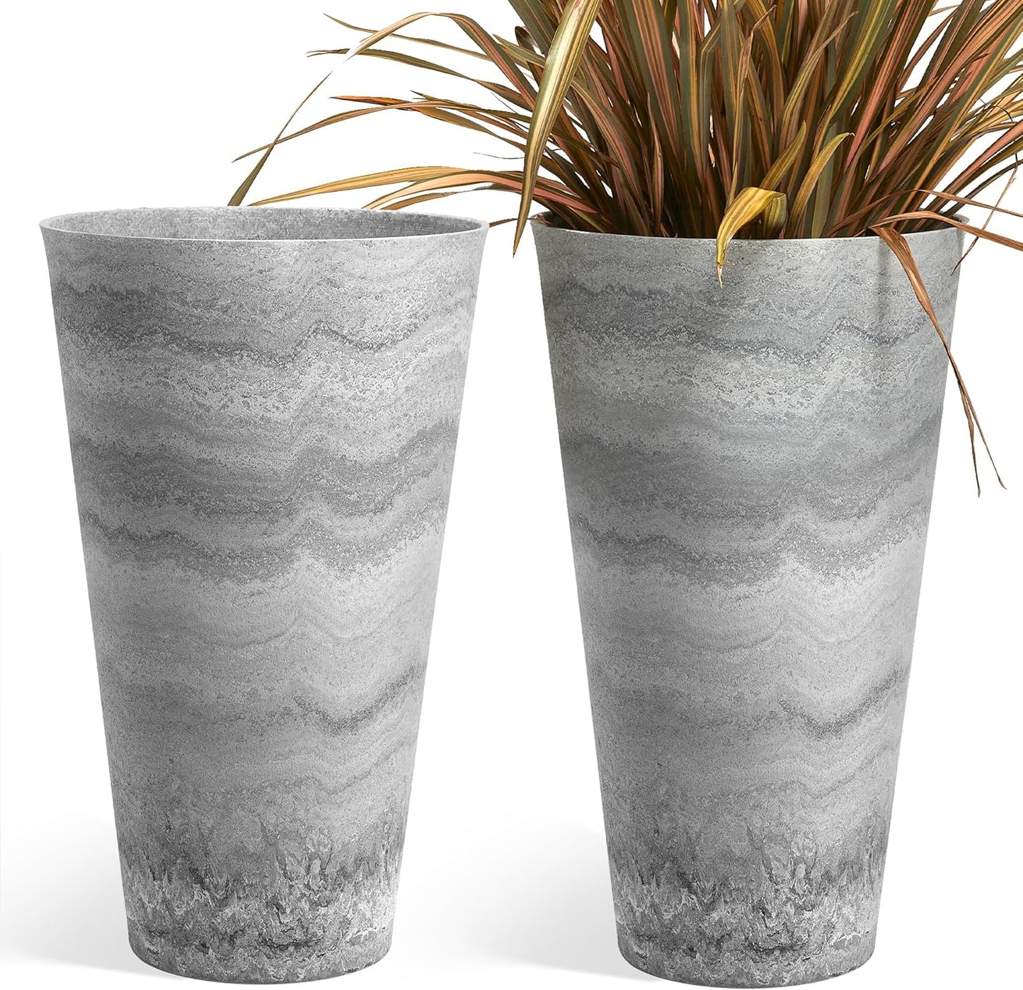 Worth Garden 2-Pack Grey Matte Texture Round Tapered Planter - 24.5" H. Tall Plastic Plant Pots with Drain Hole for Indoor Outdoor - Modern Decorative Flower Pots for Front Porch, Patio, Deck